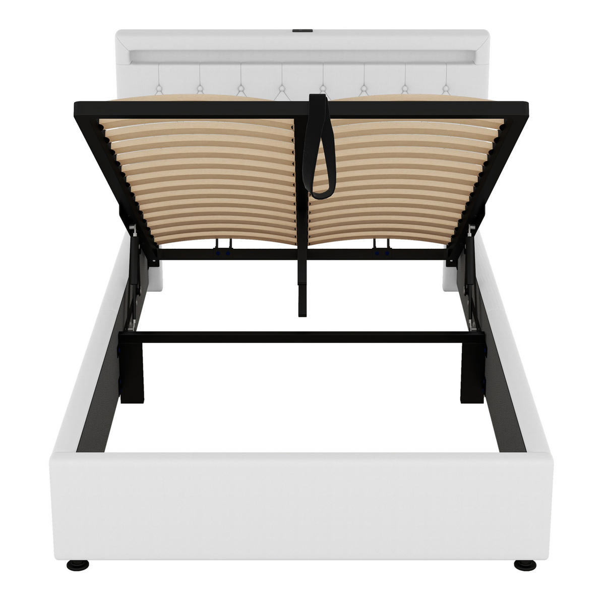 BETT mit Stauraum 140x200 cm Leinen Weiß mit LED, USB und USB-C - Weiß, Metall (140/200cm) - Meubliv