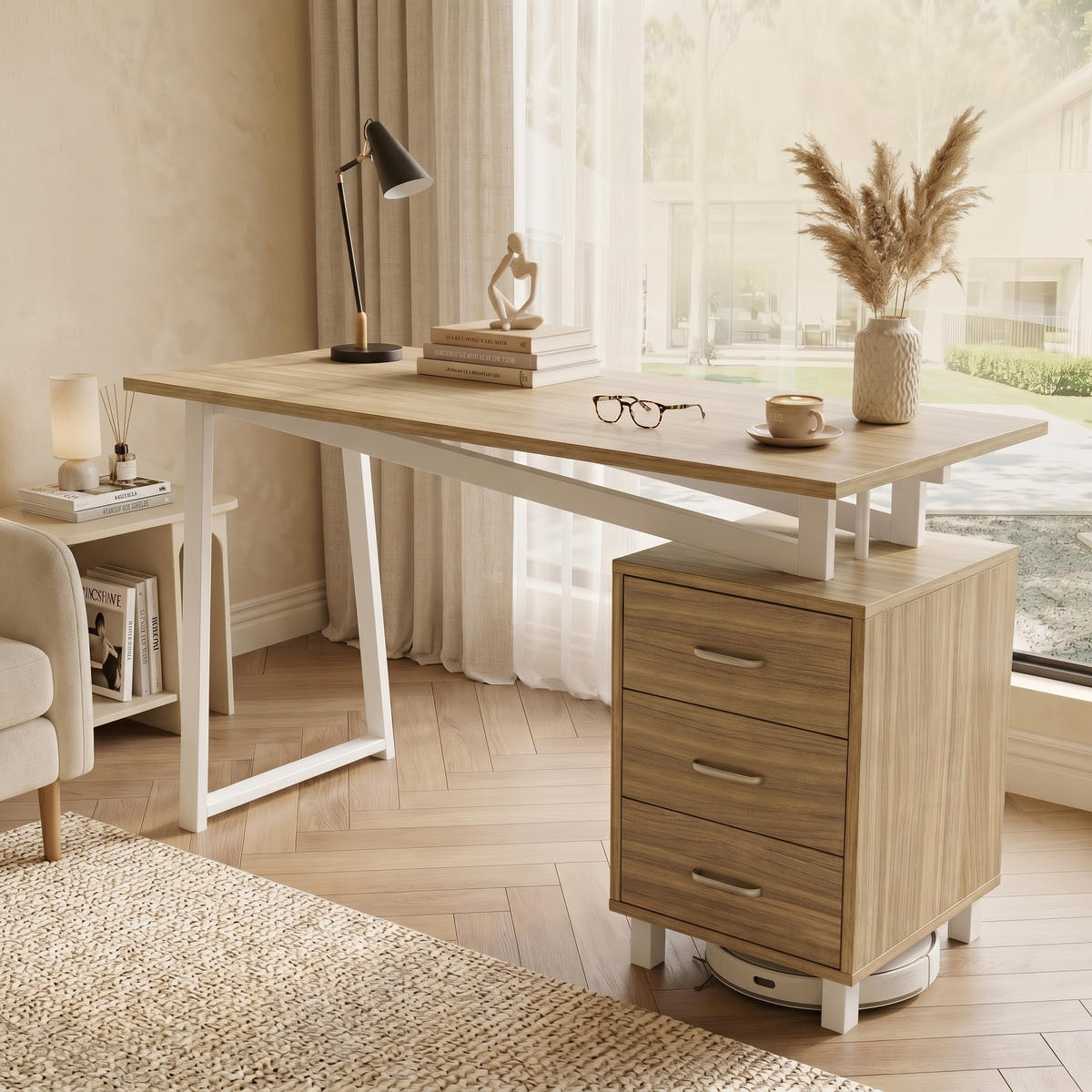 SCHREIBTISCH Naturholzfarben und Weiß 130/55/75 cm mit 3 Schubladen - Naturfarben, Holzwerkstoff (55/130/75cm) - PANGIVO
