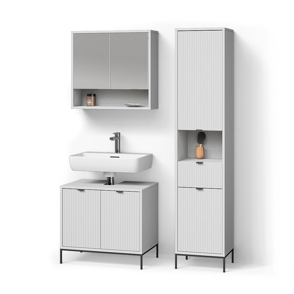 BADMÖBEL-SET ATERNO Weiß 3 Teile, mit Hochschrank - Weiß, Holzwerkstoff (70/63/45cm) - Livinity®