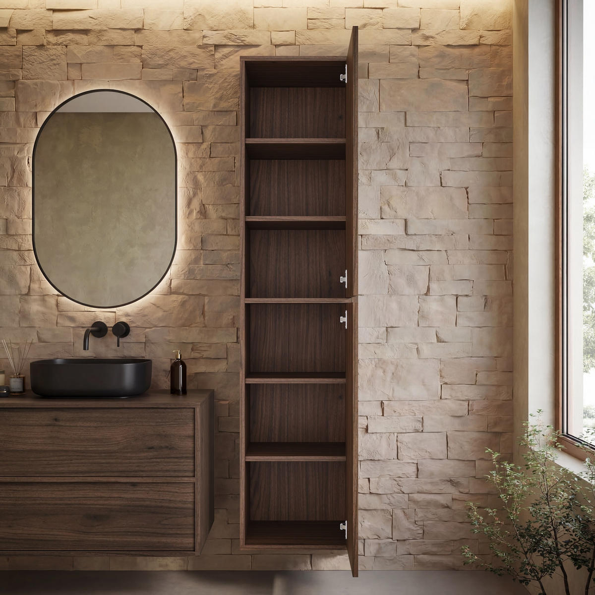 BADMÖBEL-SET Mali 80 cm Walnuss Braun - mit Hochschrank - 80 x 46 x 49 cm - Eichefarben, Holz (80/49/46cm) - Badplaats
