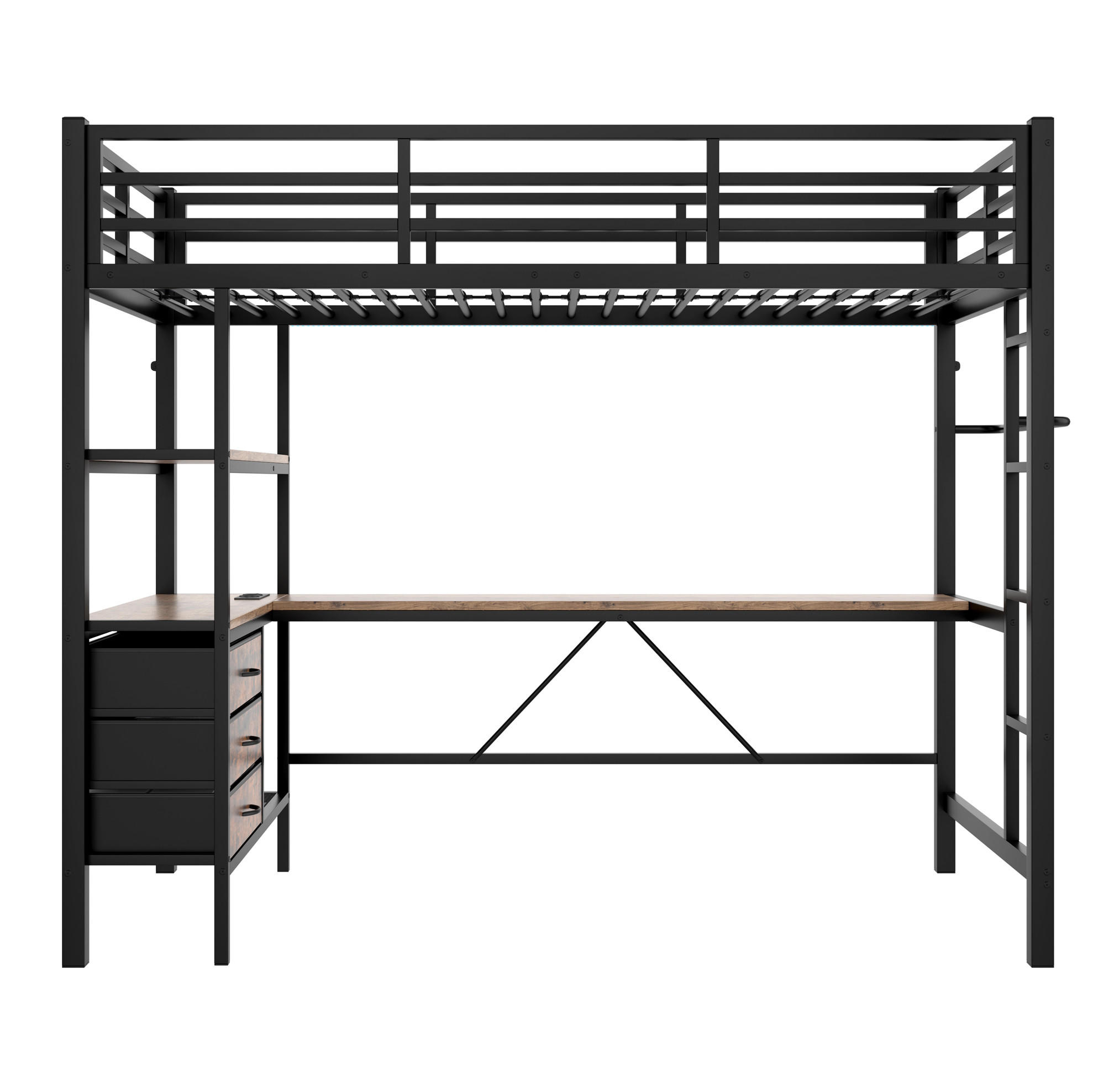 OKWISH VYSOKÁ postel 90/200 cm černá s LED osvětlením a psacím stolem z kovu a MDF