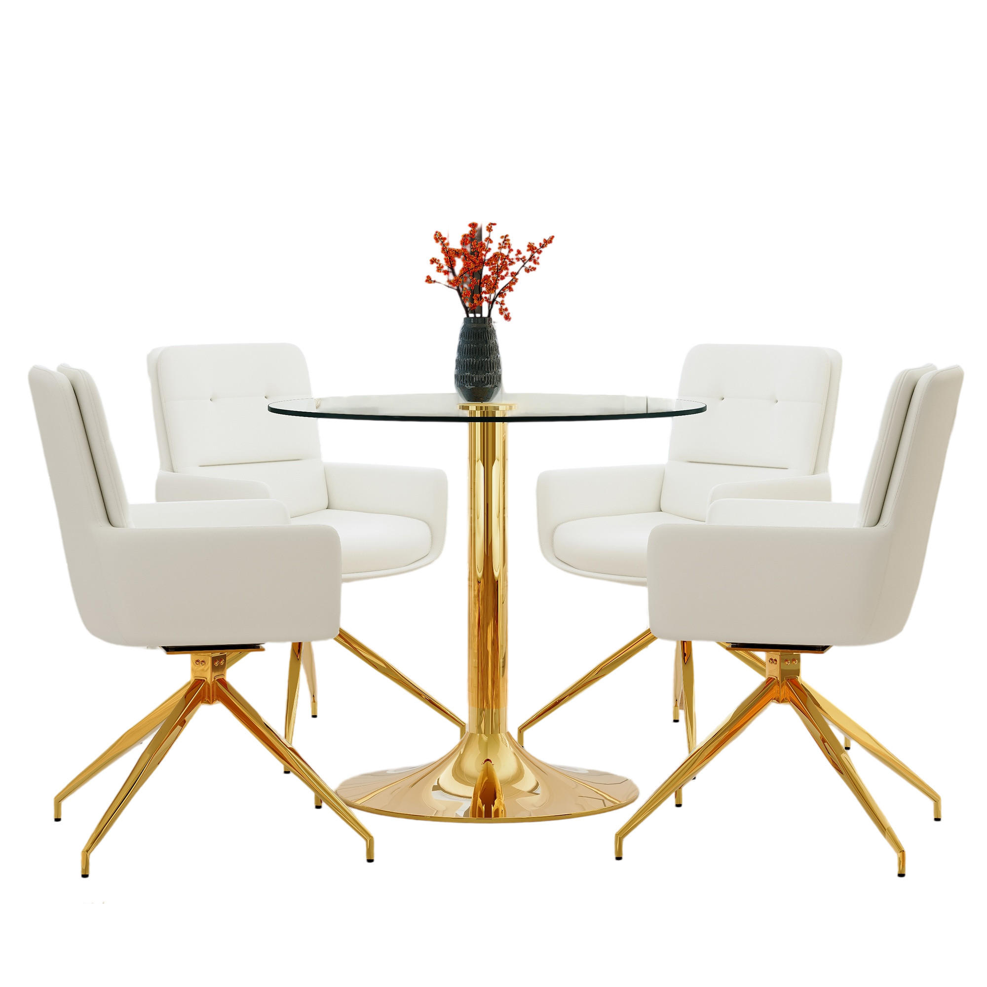 ESSGRUPPE DE-39476 5-teilig, Glastisch und 4 Drehstühlen mit Knopfverzierung Weiß - Weiß, Metall (85/75/85cm) - ComfortXL