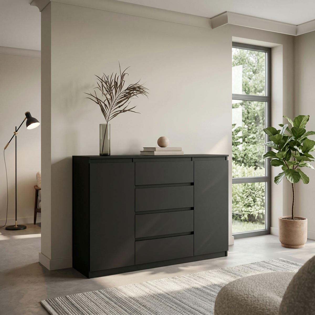 KOMMODE NUDO 120/101,5/39cm mit 4 Schubladen 2 Türen Schwarz - Schwarz, Holzwerkstoff (120/101.5/39cm) - MASSENO