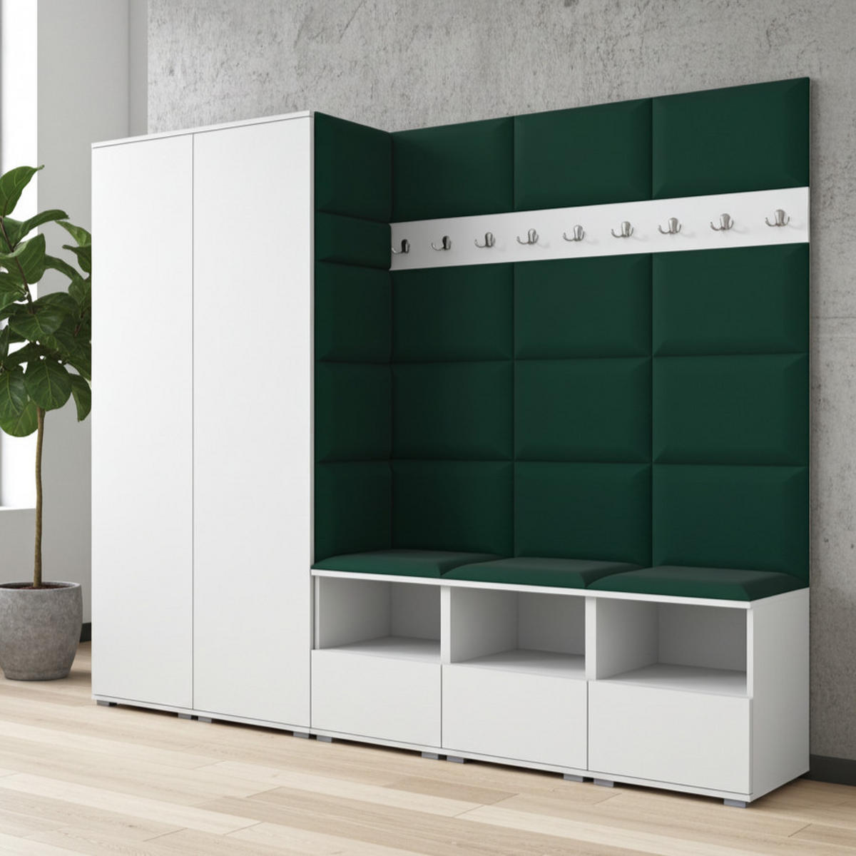 GARDEROBE NELA VII 250 cm (Modulare Flurmöbel XL Weiß mit Sitzpolster Flaschengrün 28 2 Schränke) - Dunkelgrün/Silberfarben, Holz/Holzwerkstoff (250/187/40cm) - Ravio