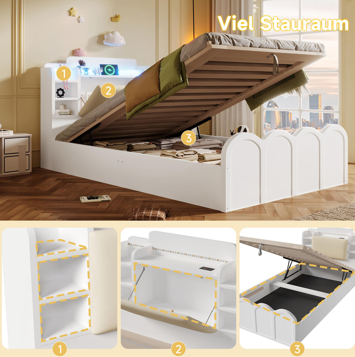 KINDERBETT 90/200 cm aus Holz mit hydraulischem Stauraum, LED-Beleuchtung, USB- und USB-C-Anschluss, Weiß - Weiß, Holz (90/200cm) - Redom