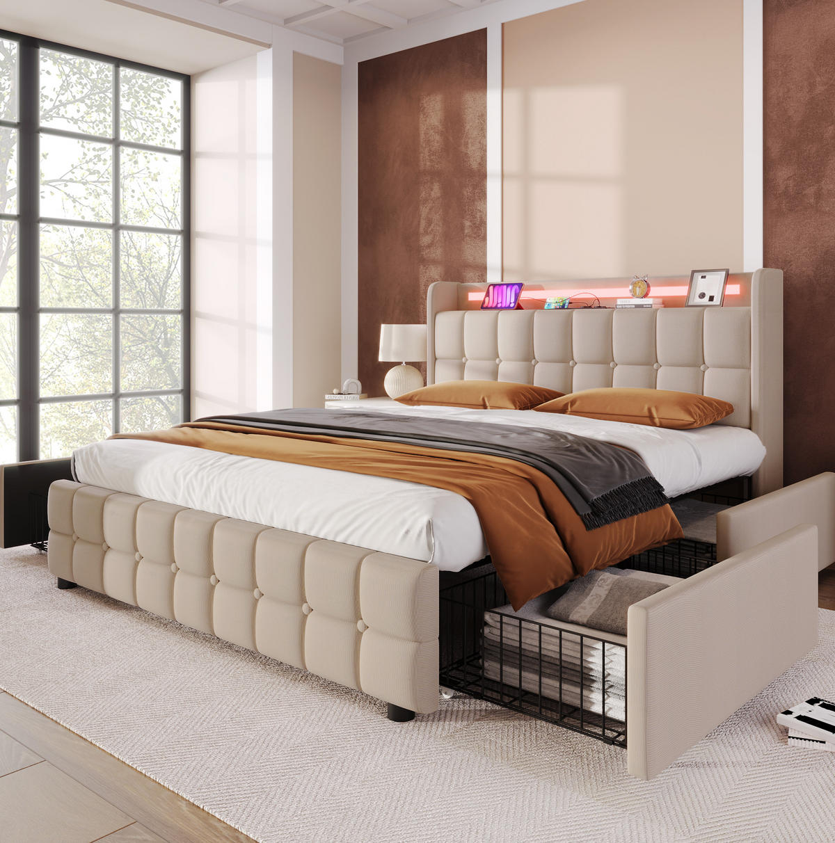 POLSTERBETT 140/200 cm mit LED-Beleuchtung, USB-Anschlüssen, Steckdosen und 4 Schubladen, Beige - Beige, Holz (140/140cm) - Redom