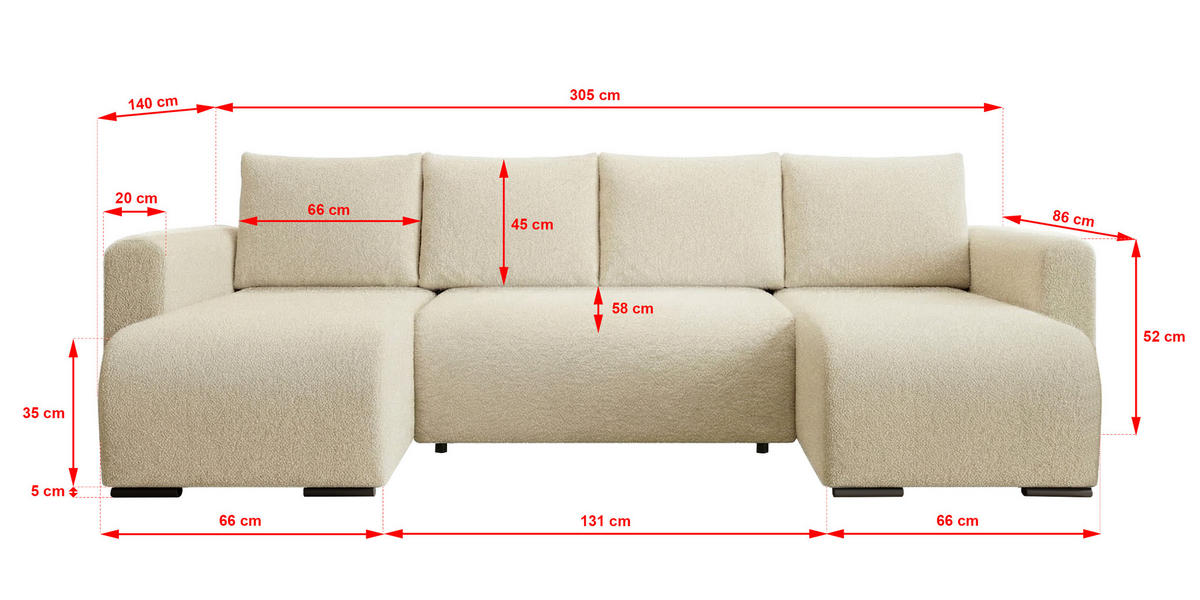 WOHNLANDSCHAFT DORA U mit Bettkasten und Schlaffunktion, U-Form, bequem - Beige, Textil (305/85/140cm) - Storez24