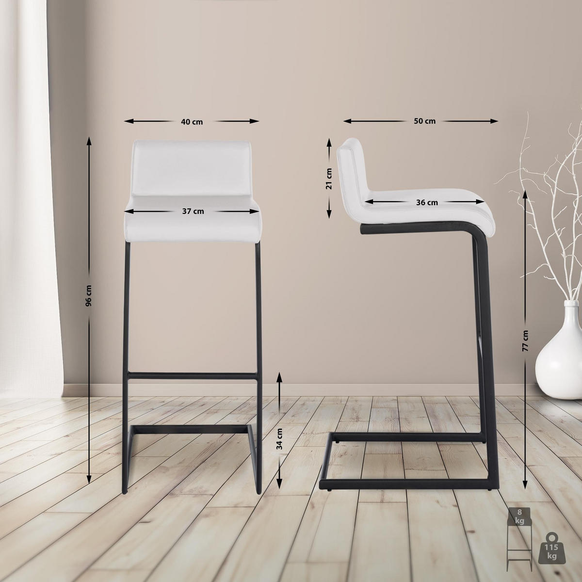 BARHOCKER Newport 40x96x50 cm Schwarz - Weiß, Metall (40/96/50cm) - furnicato
