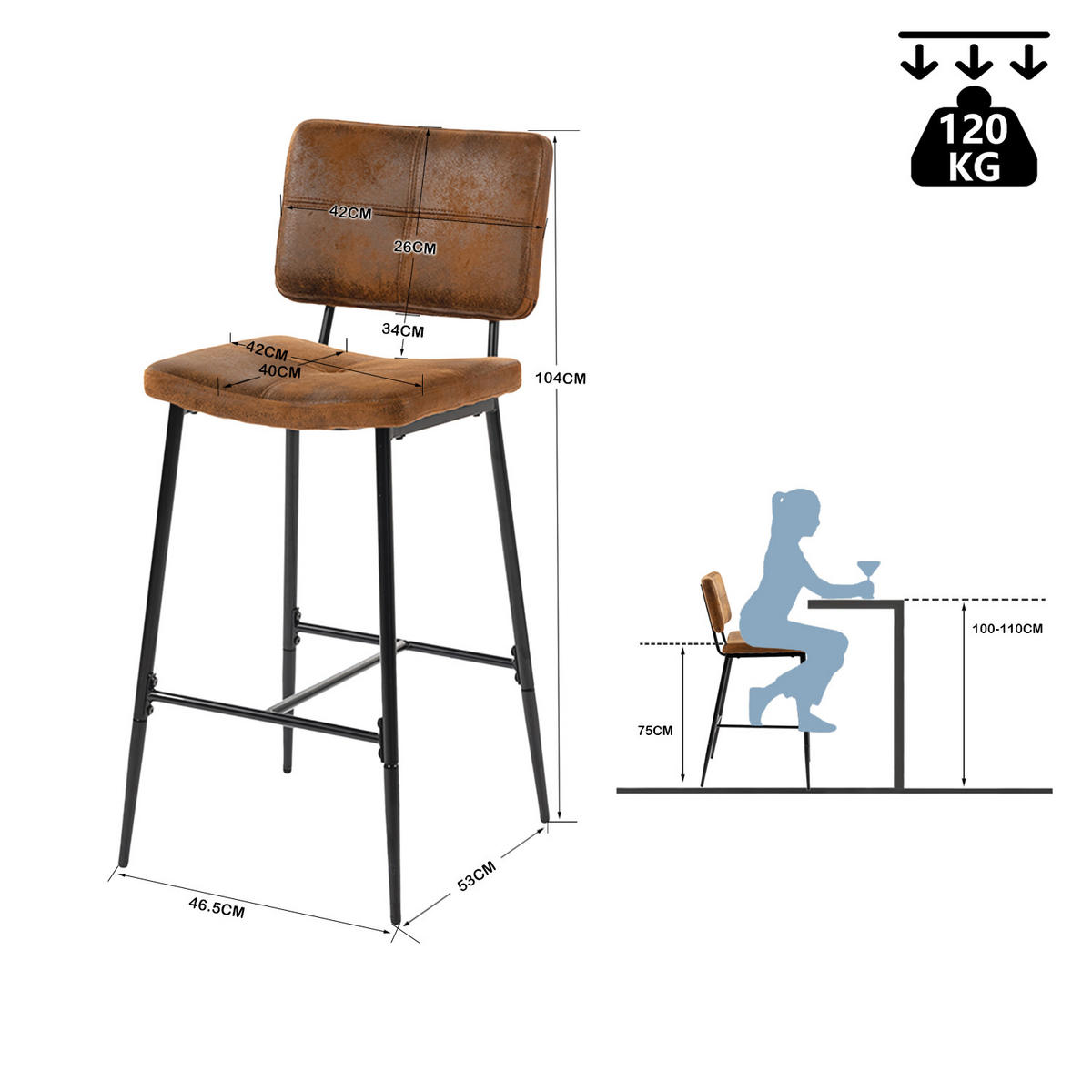 BARHOCKER-SET 4 Stück in Eisen Mikrofaser - Braun, Metall (46.5/104/53cm) - Meubles Cosy