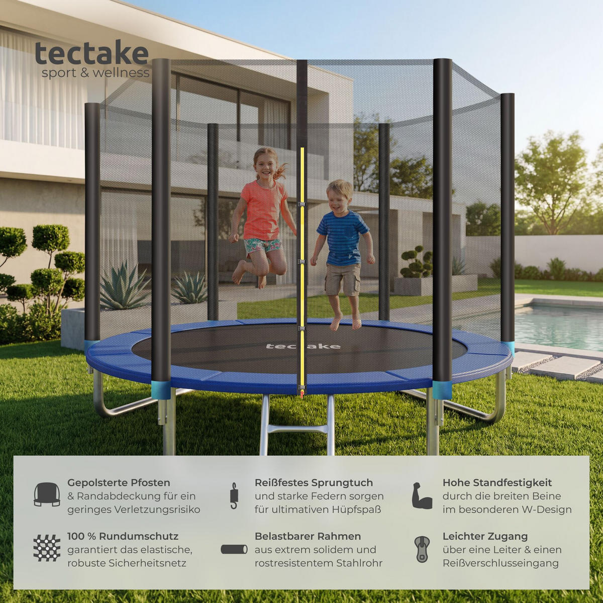 TRAMPOLIN Garfunky, inklusive Einstiegsleiter, schwarz/blau - Blau/Schwarz, Metall (244/239/244cm) - tectake