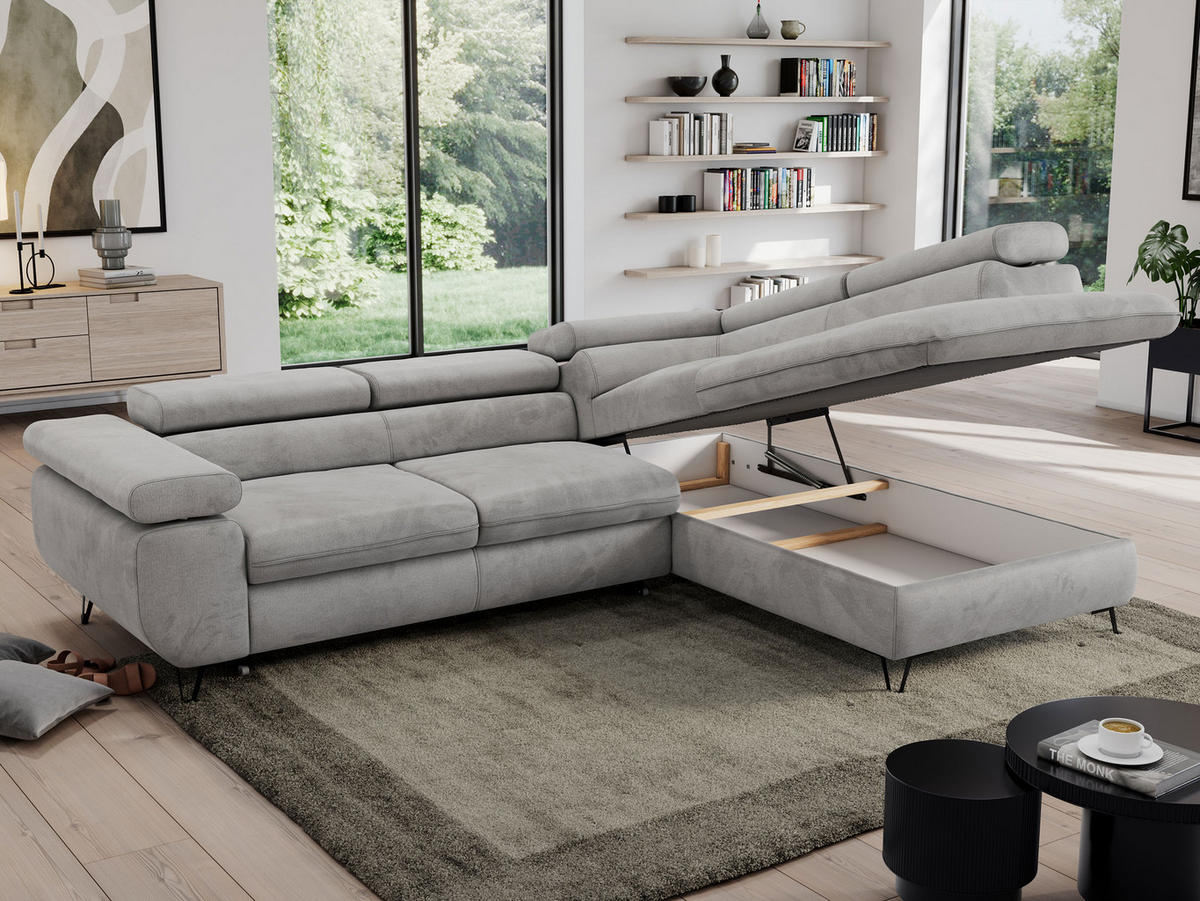 ECKSOFA PEDRO L Hellgrau Velvet - Rechts Seite - Hellgrau/Schwarz, Textil/Metall (273/208cm) - MKS