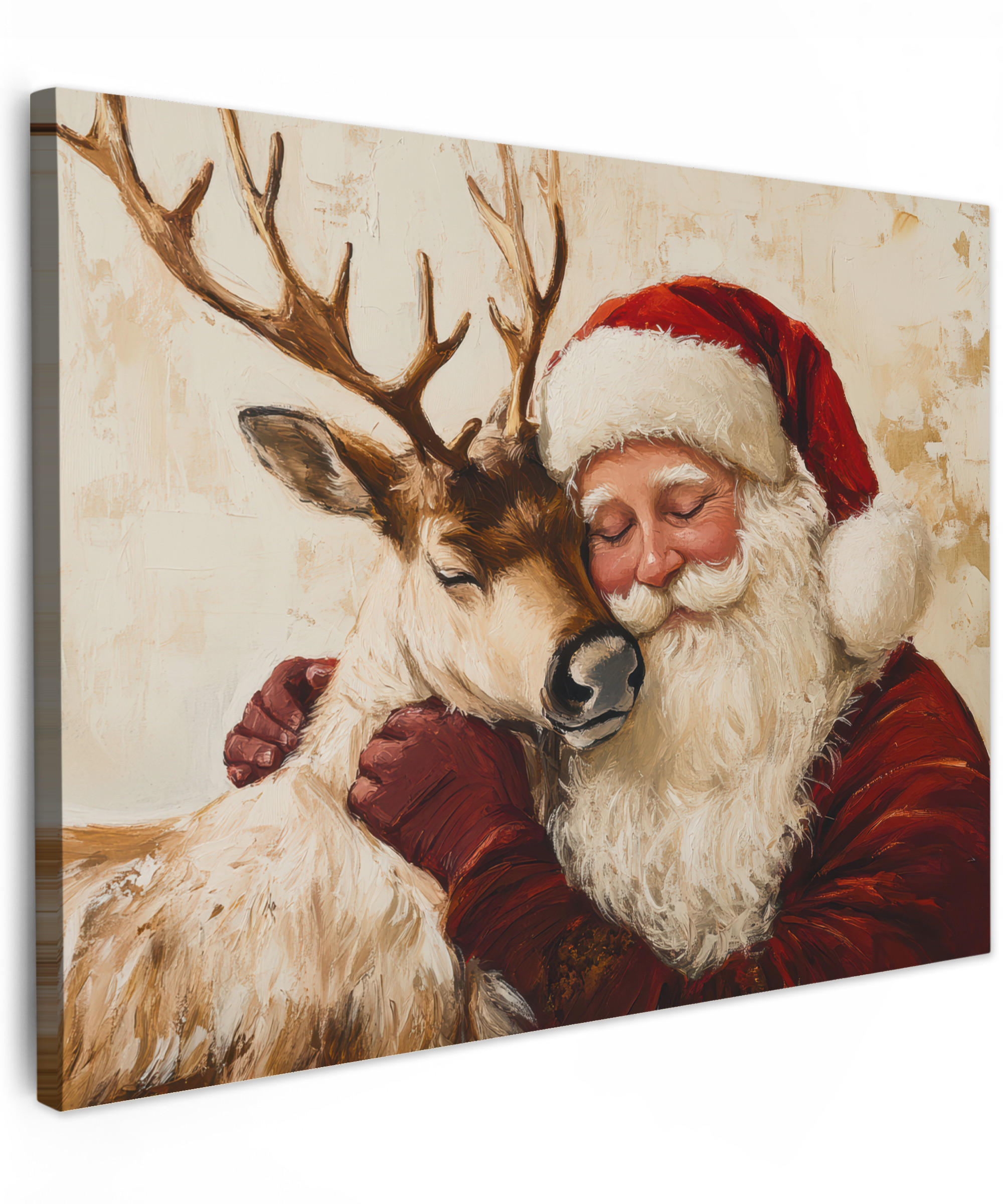 LEINWANDBILD Weihnachtsmann - Rentier - Weihnachten Wandbilder 80x60 cm - Rotbraun, Textil (80/60cm) - MuchoWow
