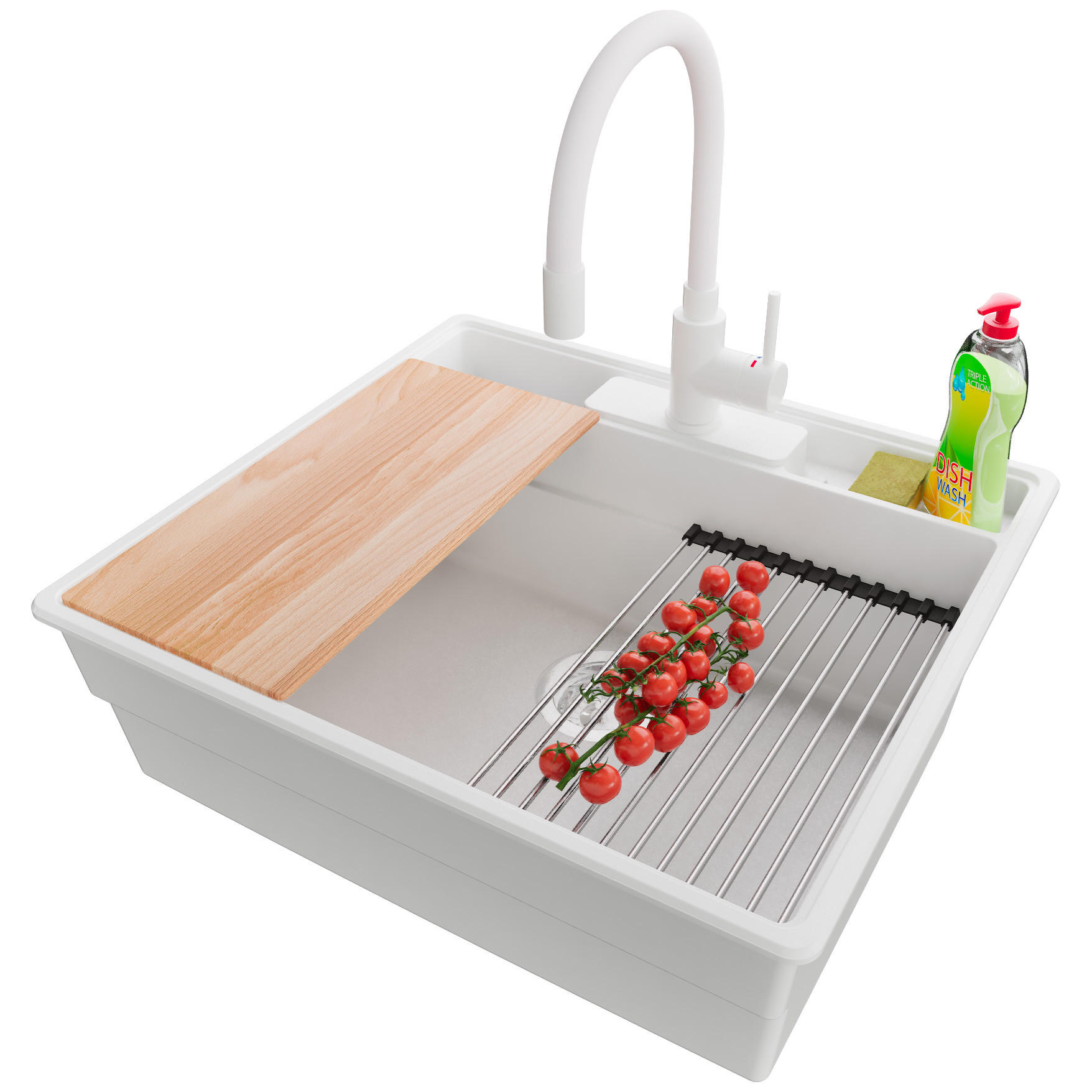 GRANITSPÜLE New York, 2-er set Weiß 58/53 cm 1 Becken + Küchenarmatur 38/14 cm + Ablauf-Set + Küchenzubehörset ab 60er Unterschrank - Chromfarben/Beige, Kunststoff (58/20/53cm) - Primagran