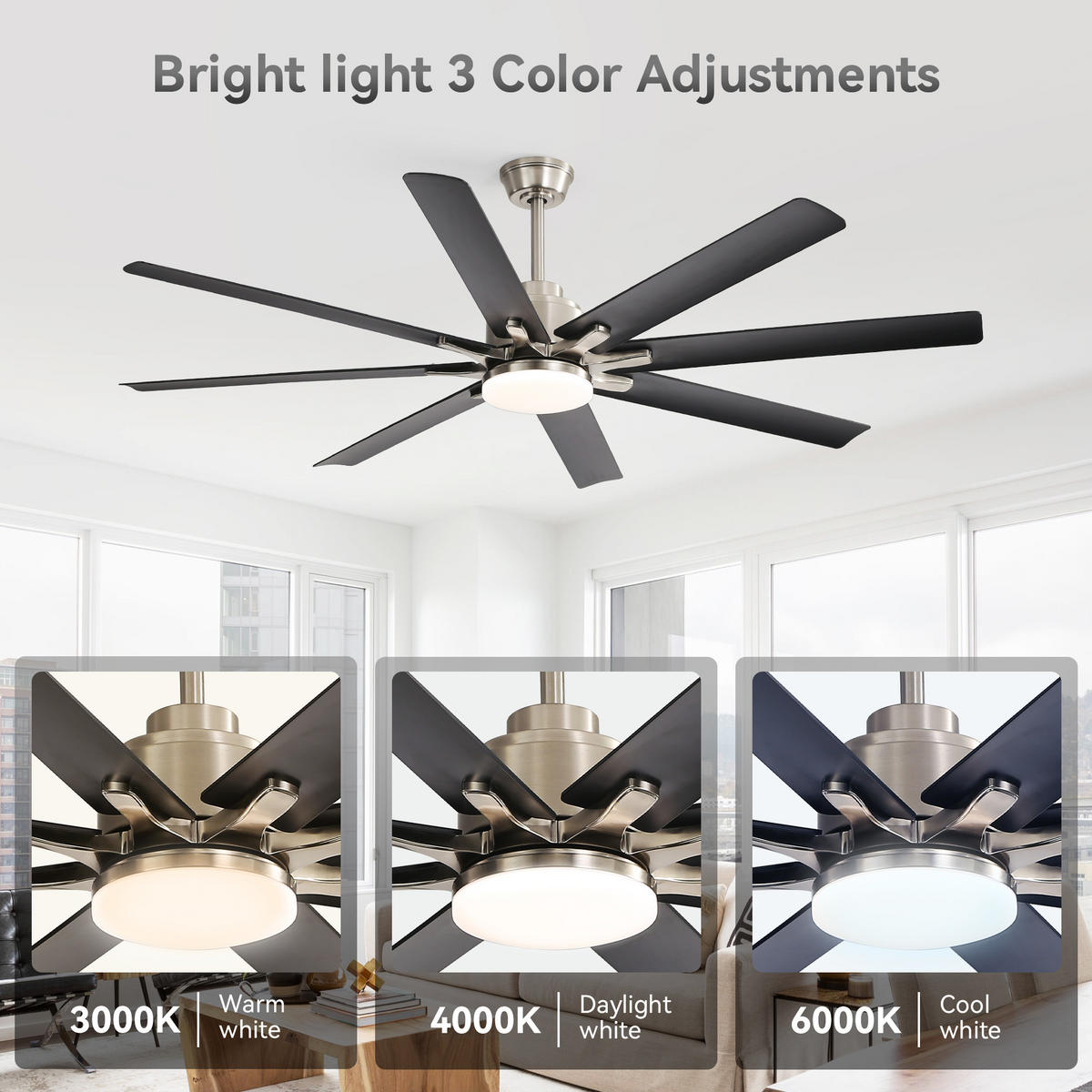 DECKENVENTILATOR 52Zoll LED Licht 8 ABS Flügel Fernbedienung - Schwarz, Kunststoff (132.08/132.08/26.8cm) - CASIVA