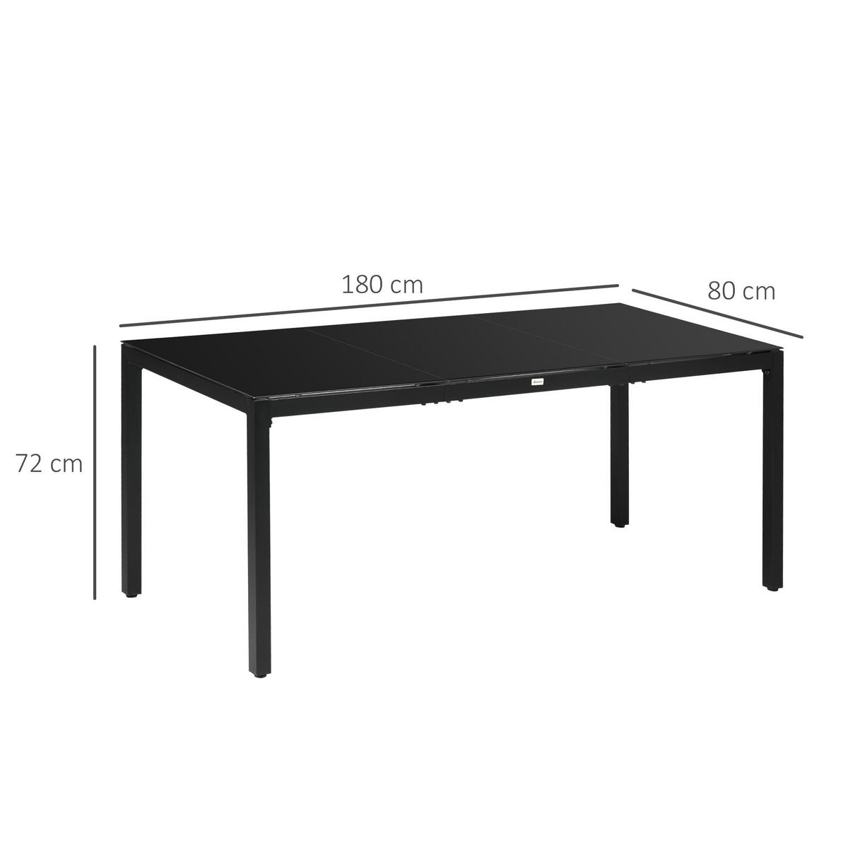 GARTENTISCH DE-14084 rechteckig 180x80 cm, gehärtetes Glas Schwarz - Schwarz, Metall (180/80/72cm) - ComfortXL