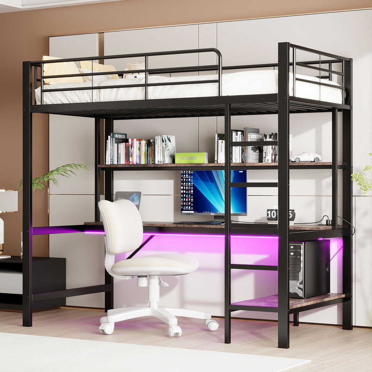 HOCHBETT 90x200cm Schwarz Metall LED-Licht Schreibtisch USB - Schwarz, Metall (90/200cm) - FLIEKS