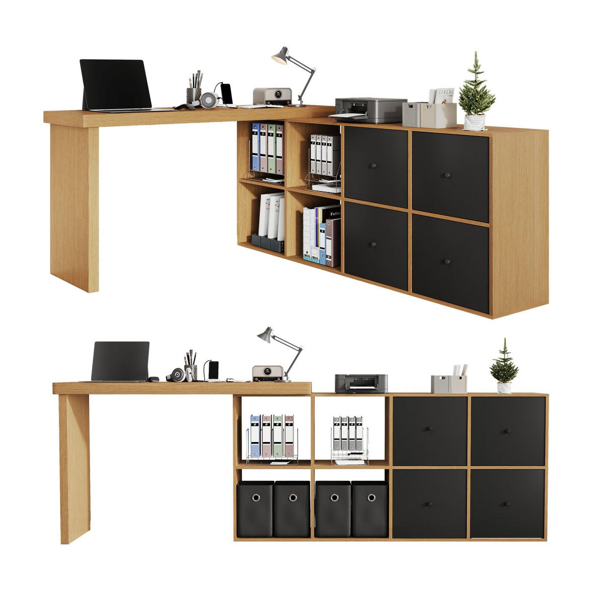 ANRICHTE 120/48/78 cm in Schwarz/Eiche mit 360° Drehfunktion und 8 Fächern - Eichefarben, Holzwerkstoff (140/74/35cm) - Flora Grace