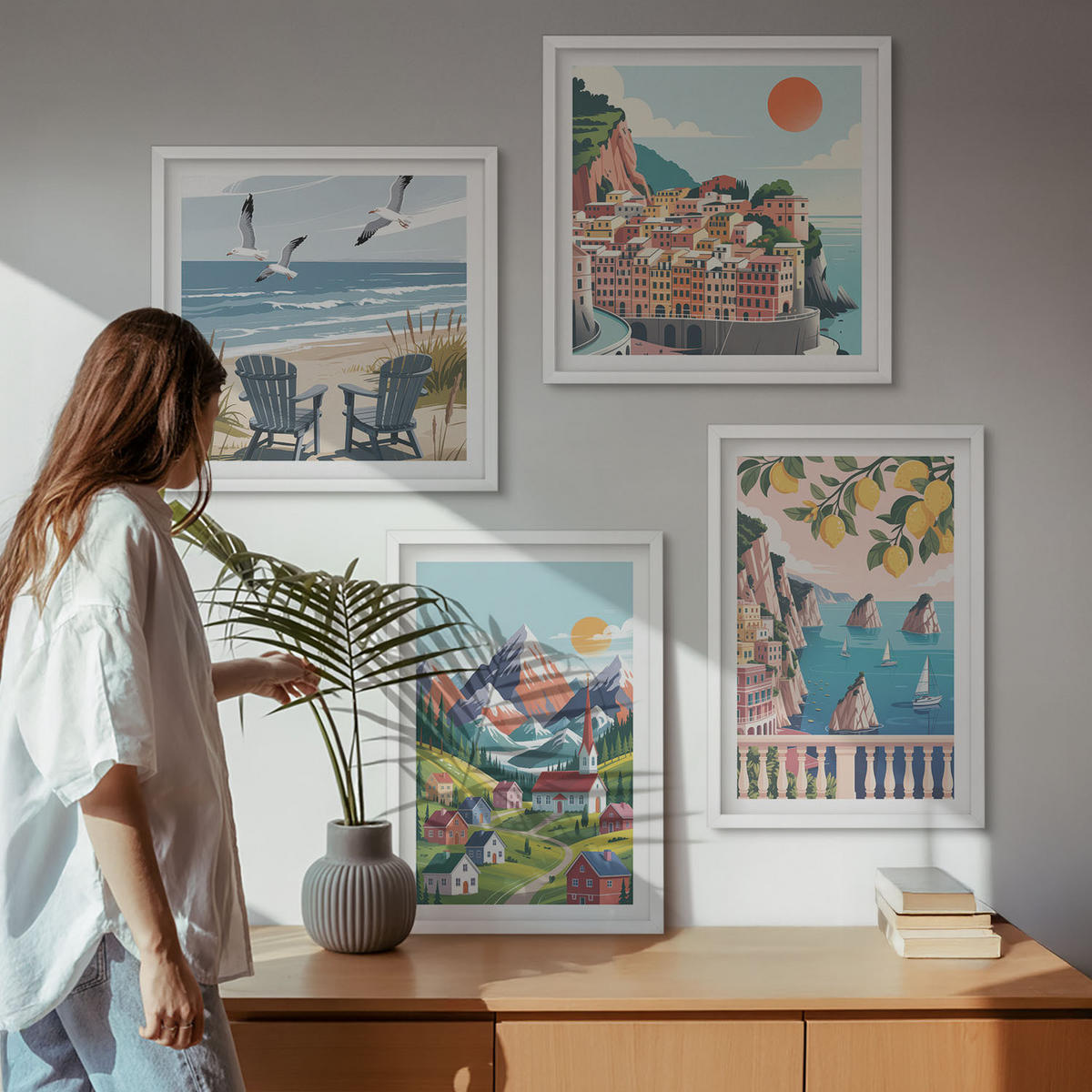 BILDER SET 4er Set - 50x50 cm & 40x60 cm Weißer Rahmen - Farbenfrohe Berge und Küstenstädte - Weiß, Kunststoff (50/50cm) - TULUP