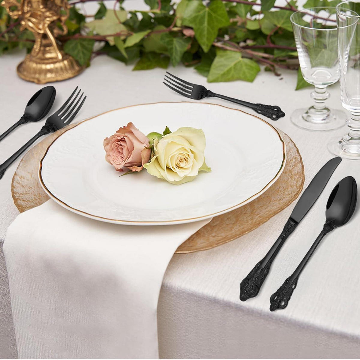 BESTECKSET 30-teiliges Set Schwarz Mattiert Edelstahl Geprägte Griffe Spülmaschinenfest - Schwarz, Metall