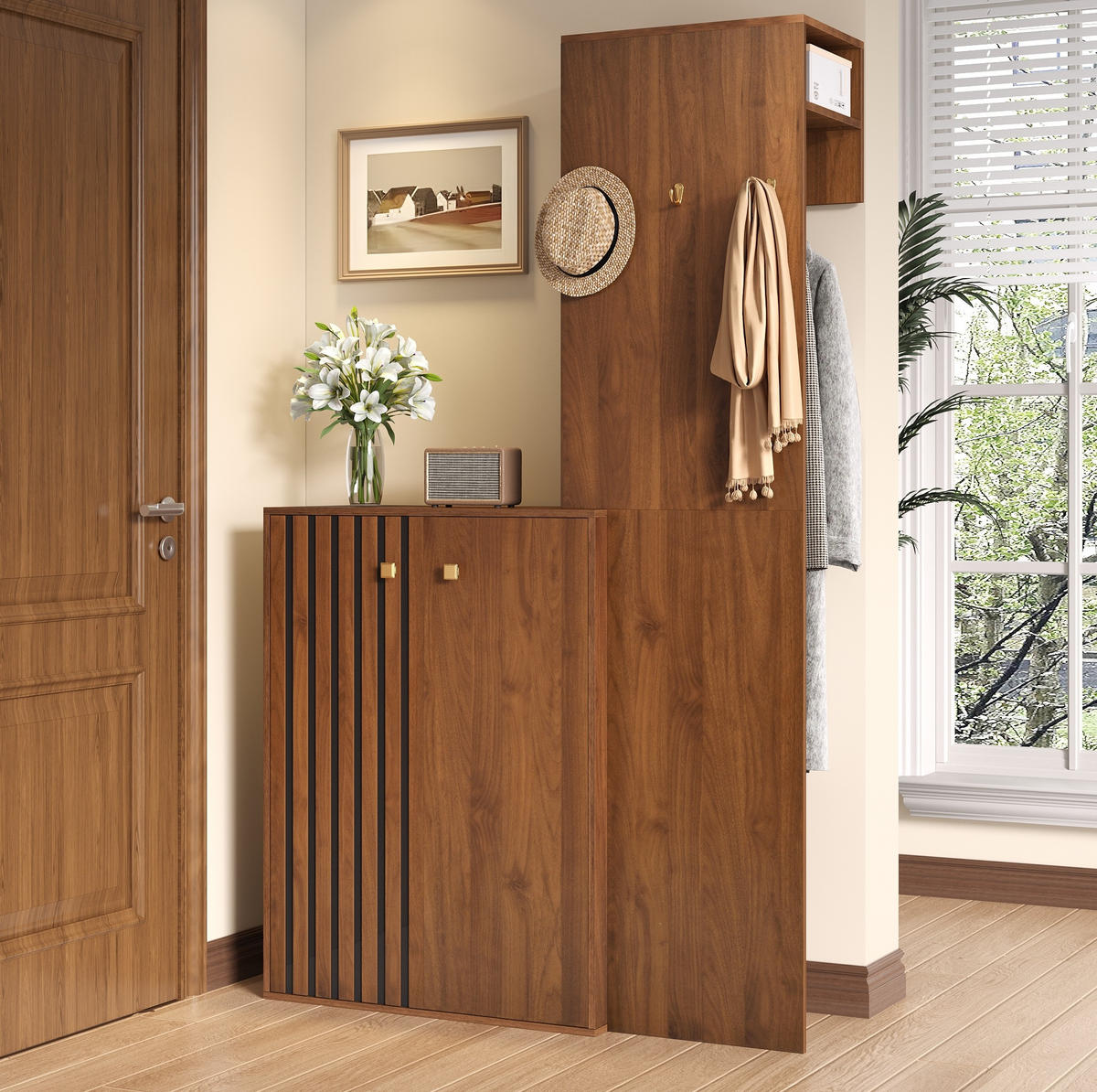SCHUHSCHRANK aus MDF 115x38,5x191,5cm in Nussbaum mit Garderobe - Nussbaumfarben, Holzwerkstoff (115/191.5/38.5cm) - Modfu