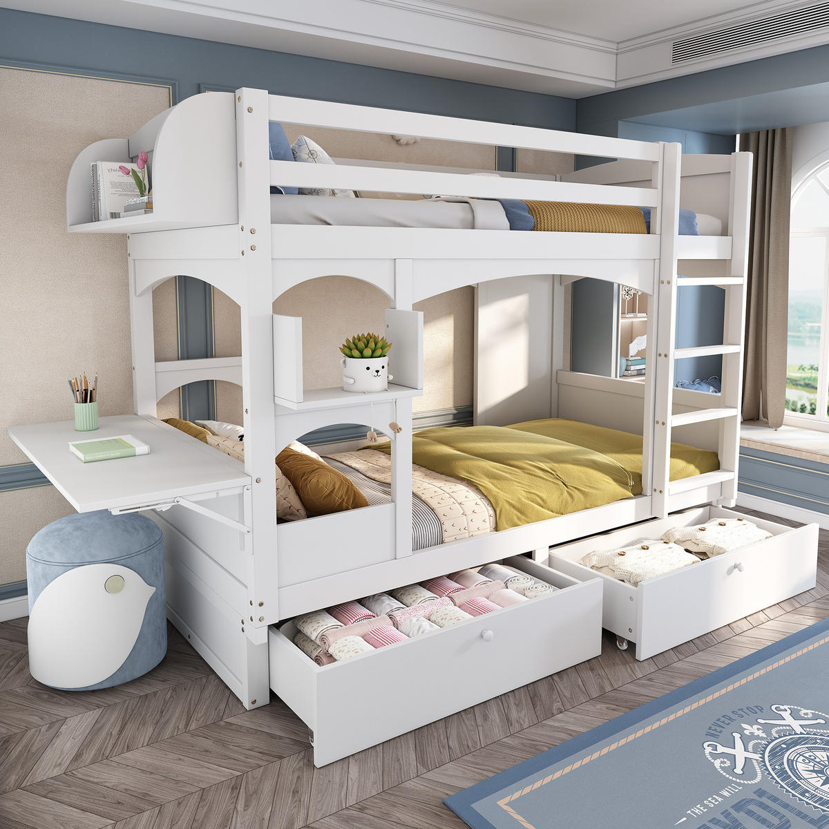 ETAGENBETT 90/200 cm Weiß mit klappbarem Schreibtisch und 2 Schubladen - Weiß, Holz (90/200cm) - Flora Grace