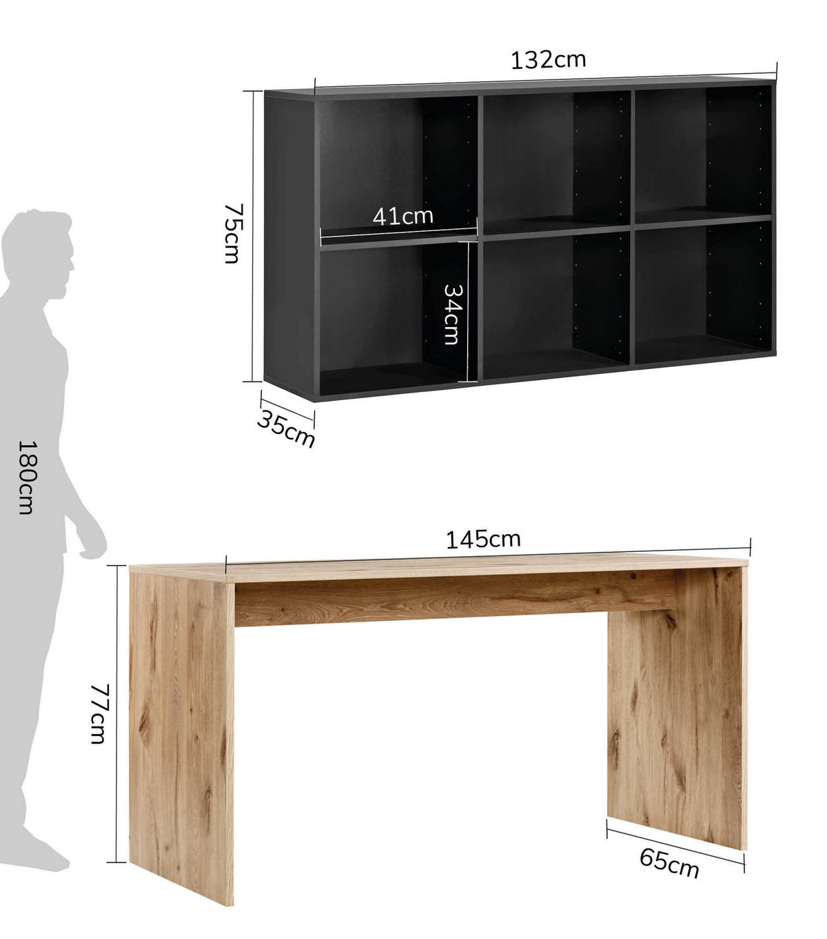 SCHREIBTISCH Der Produktive - Eichefarben/Schwarz, Holzwerkstoff (65/145/77cm) - Mokebo