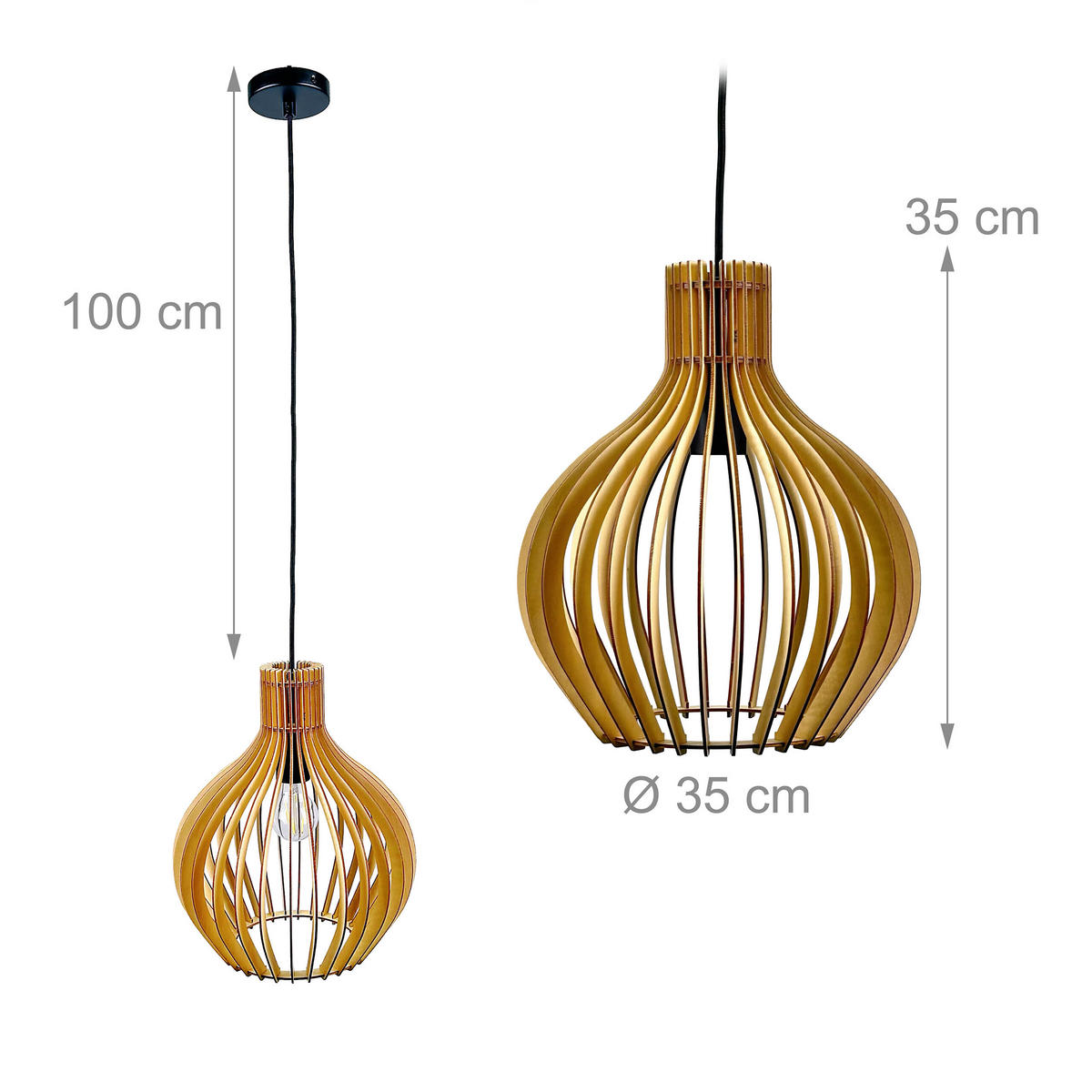 PENDUL Natur Negru lamele din lemn E27 - maro deschis, lemn/metal (35/35/35cm) - Relaxdays