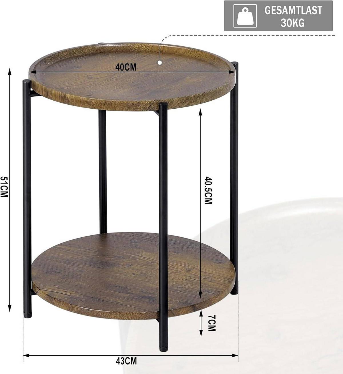 COUCHTISCH rund, mit 2 Ablagen, Vintage-Holzmaserung - Schwarz/Teakfarben, Holzwerkstoff/Metall (43/43/51cm) - Woltu