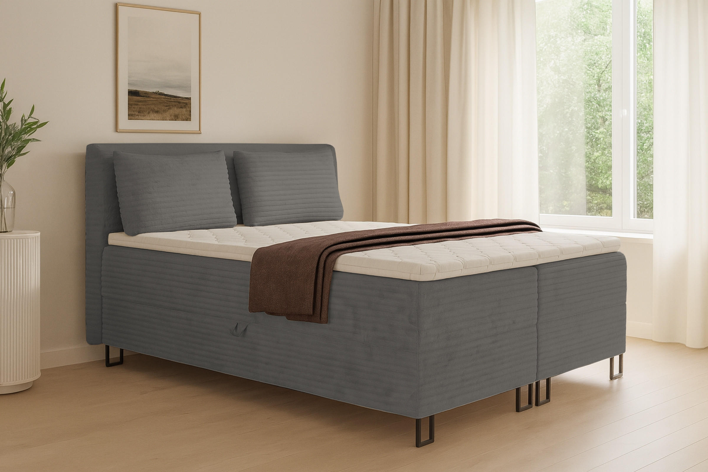 BOXBETT TEXAS 140/200 in Cord Grau mit Bonell-Federkernmatratzen H3 - Grau, Holz/Holzwerkstoff (140/200cm) - Deine Möbel 24