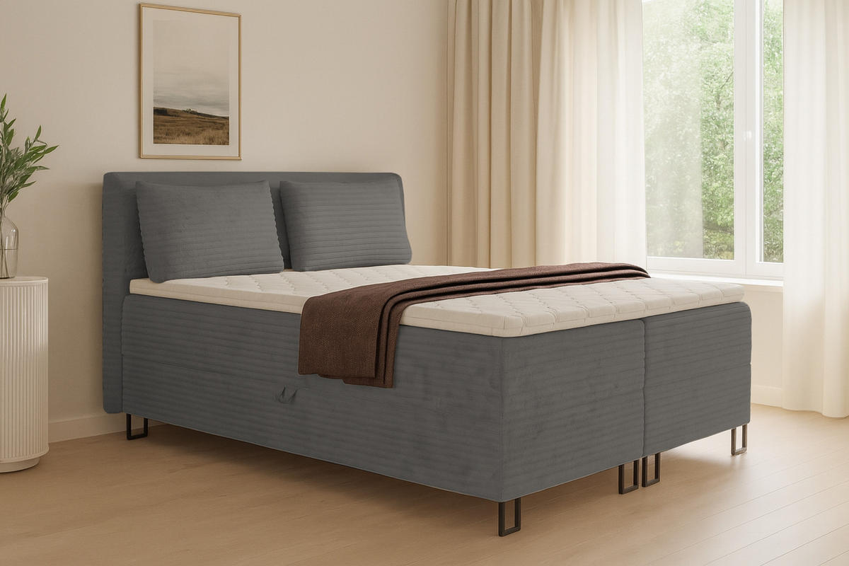 BOXBETT TEXAS 140/200 in Cord Grau mit Bonell-Federkernmatratzen H3 - Grau, Holz/Holzwerkstoff (140/200cm) - Deine Möbel 24
