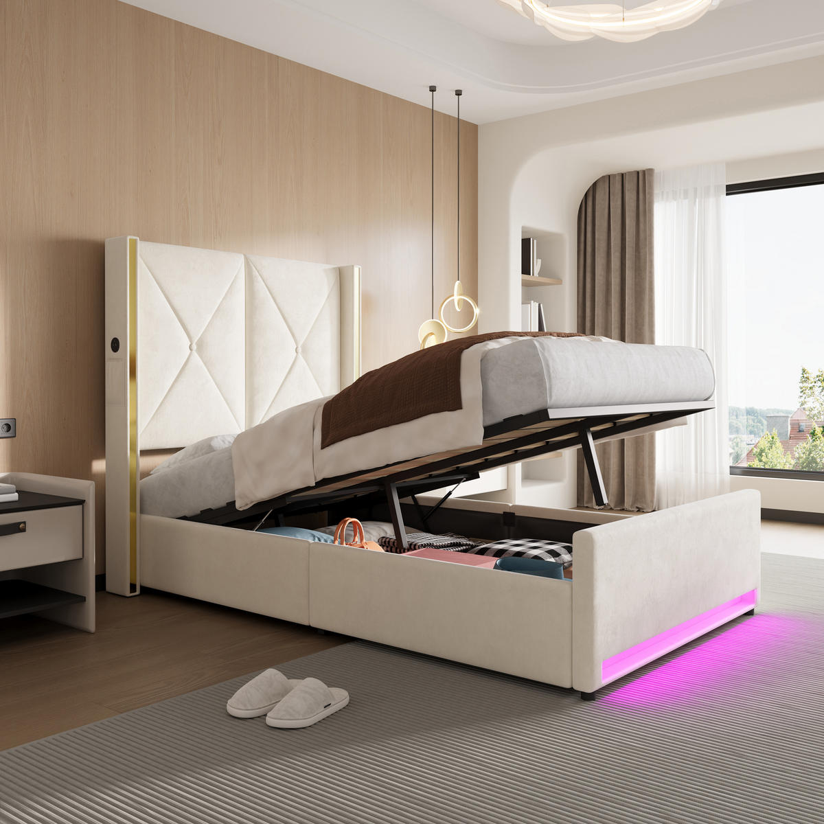 POLSTERBETT Einzelbett 90x200cm mit Stauraum, LED und USB-C, Hydraulisches Funktionsbett, Beige - Beige, Holz/Textil (90/200cm) - LVHOM