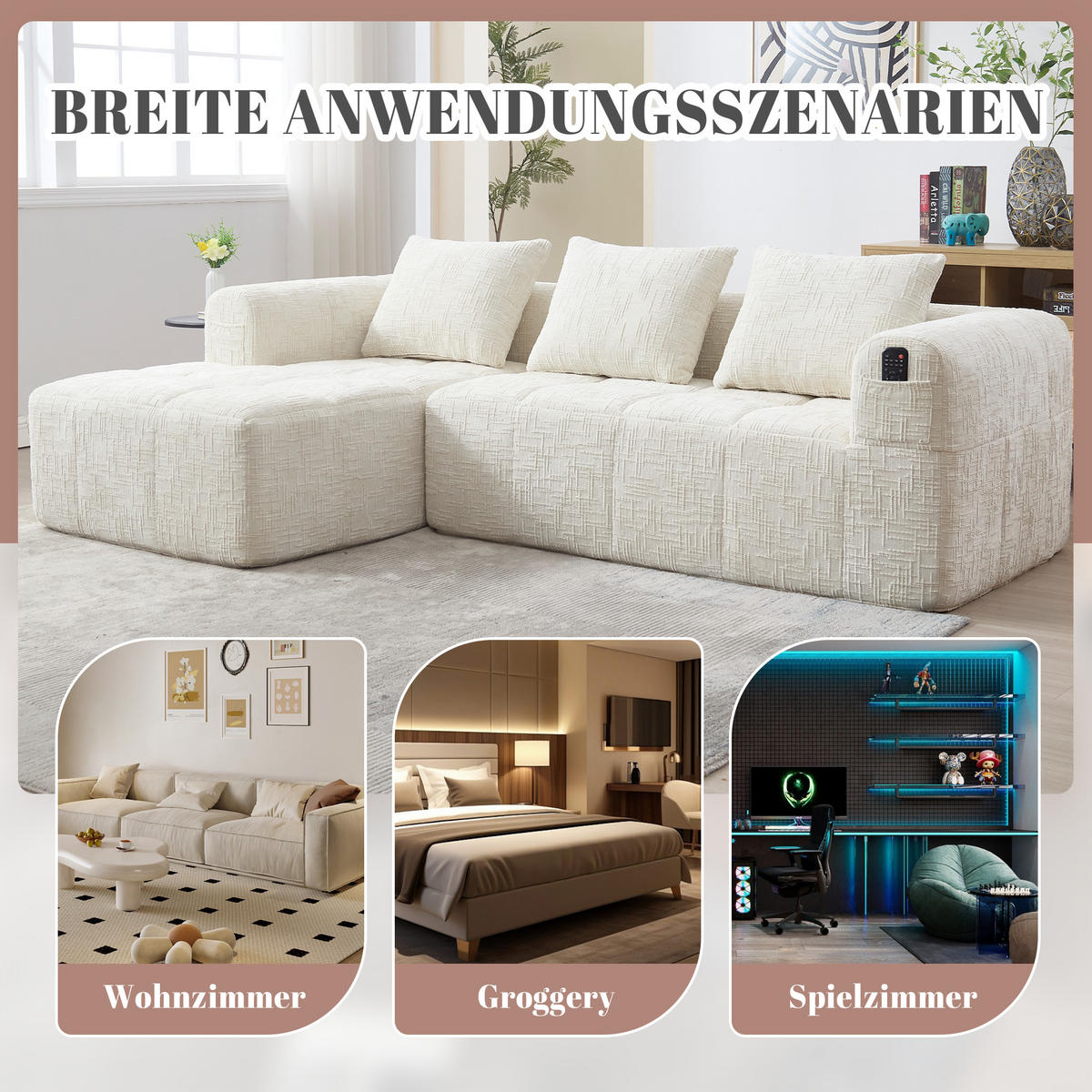 ECKSOFA Chenille Beige mit Kissen und Seitentaschen - Beige, Textil (250/158cm) - WISHDOR