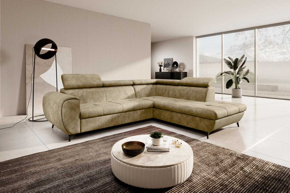 ECKSOFA MAGIA R-S Beige Plüsch-Stoff mit Schlaffunktion - Beige, Holz (260/217cm) - MASSENO