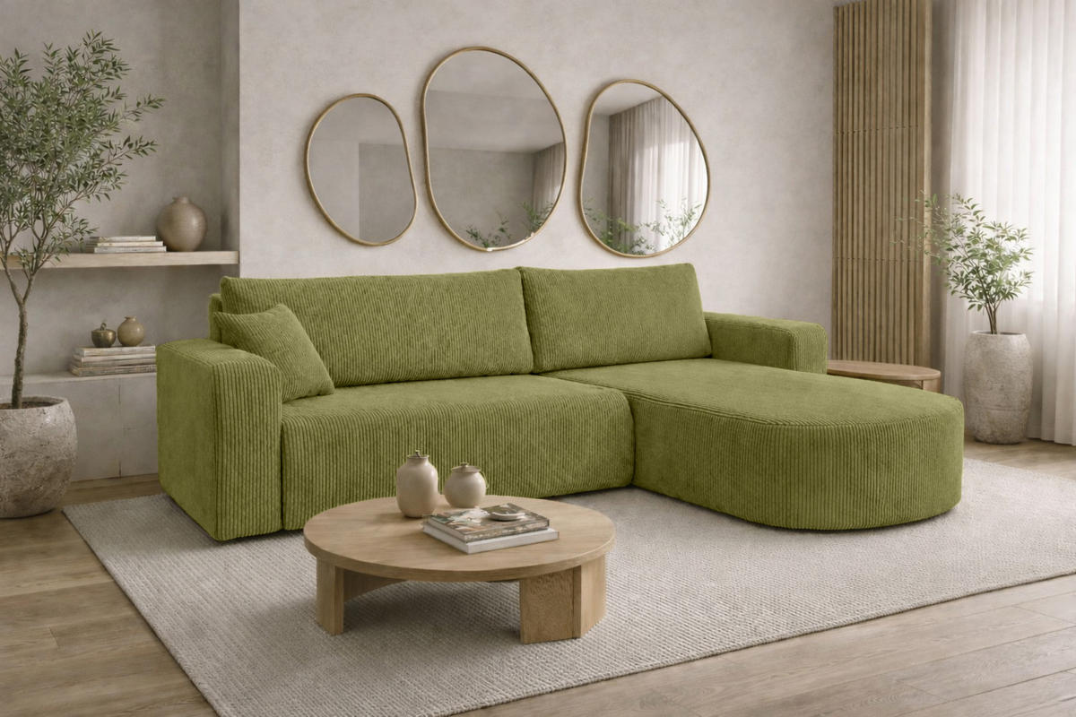 ECKSOFA Mit Schlaffunktion, Cordstoff Poso, Olive, Rechts, ROUND ONE XL - Olivgrün, Holz (271/175cm) - Kaiser Möbel