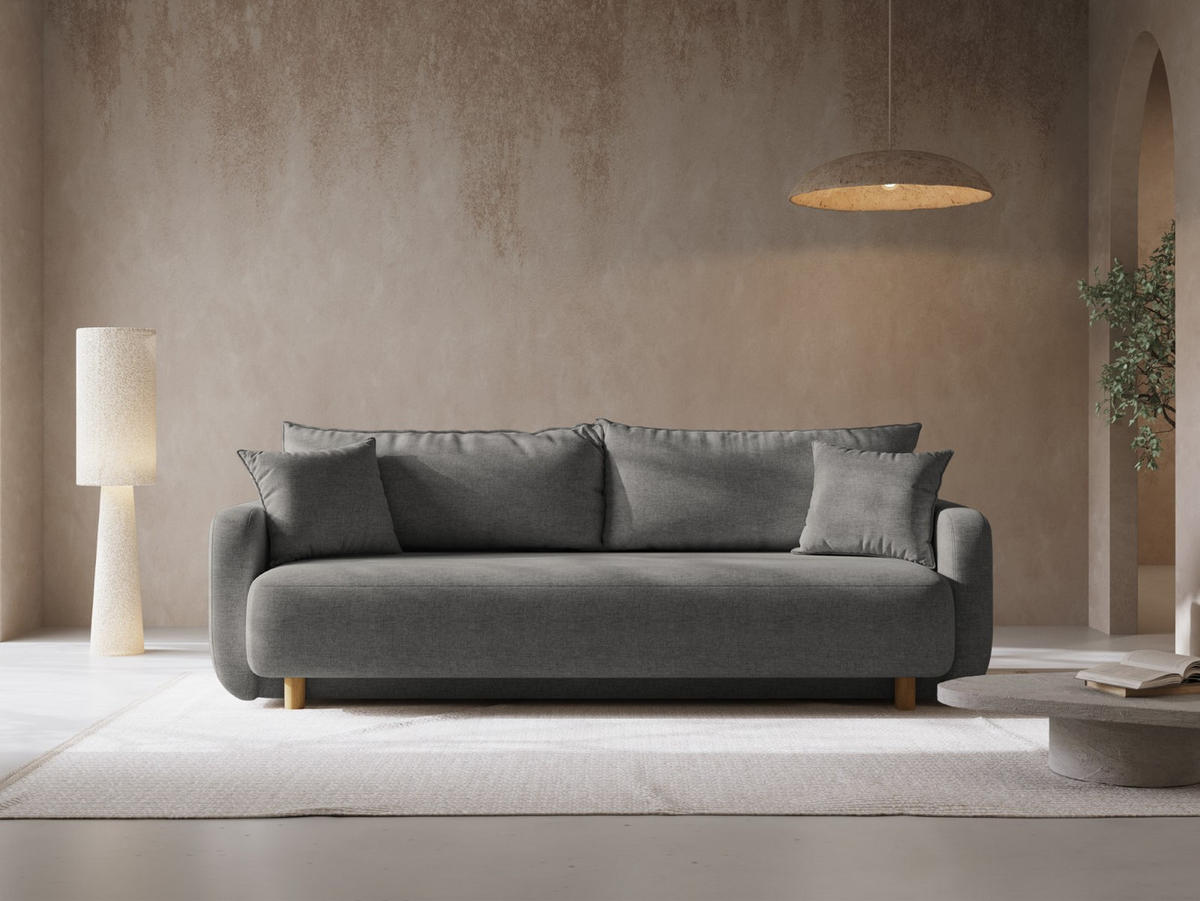 SOFA ausklappbar mit Bettkasten Elen aus strukturiertem Stoff grau 3 Sitzplätze - Grau, Textil (231/86/106cm) - Micadoni
