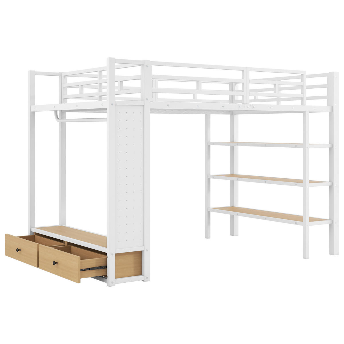 HOCHBETT 140/200 cm in Weiß mit Kleiderschrank, 2 Schubladen und LED - Weiß, Holzwerkstoff/Metall (140/200cm) - STILVORA