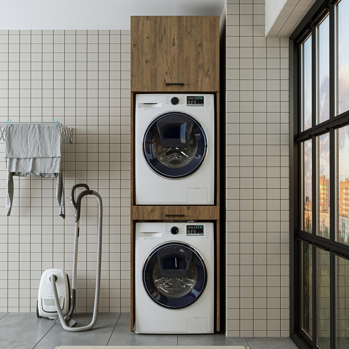 WASCHMASCHINENSCHRANK DUO-I 67cm Breit, 240cm Hoch - Eichefarben, Holzwerkstoff (67/240/67cm)