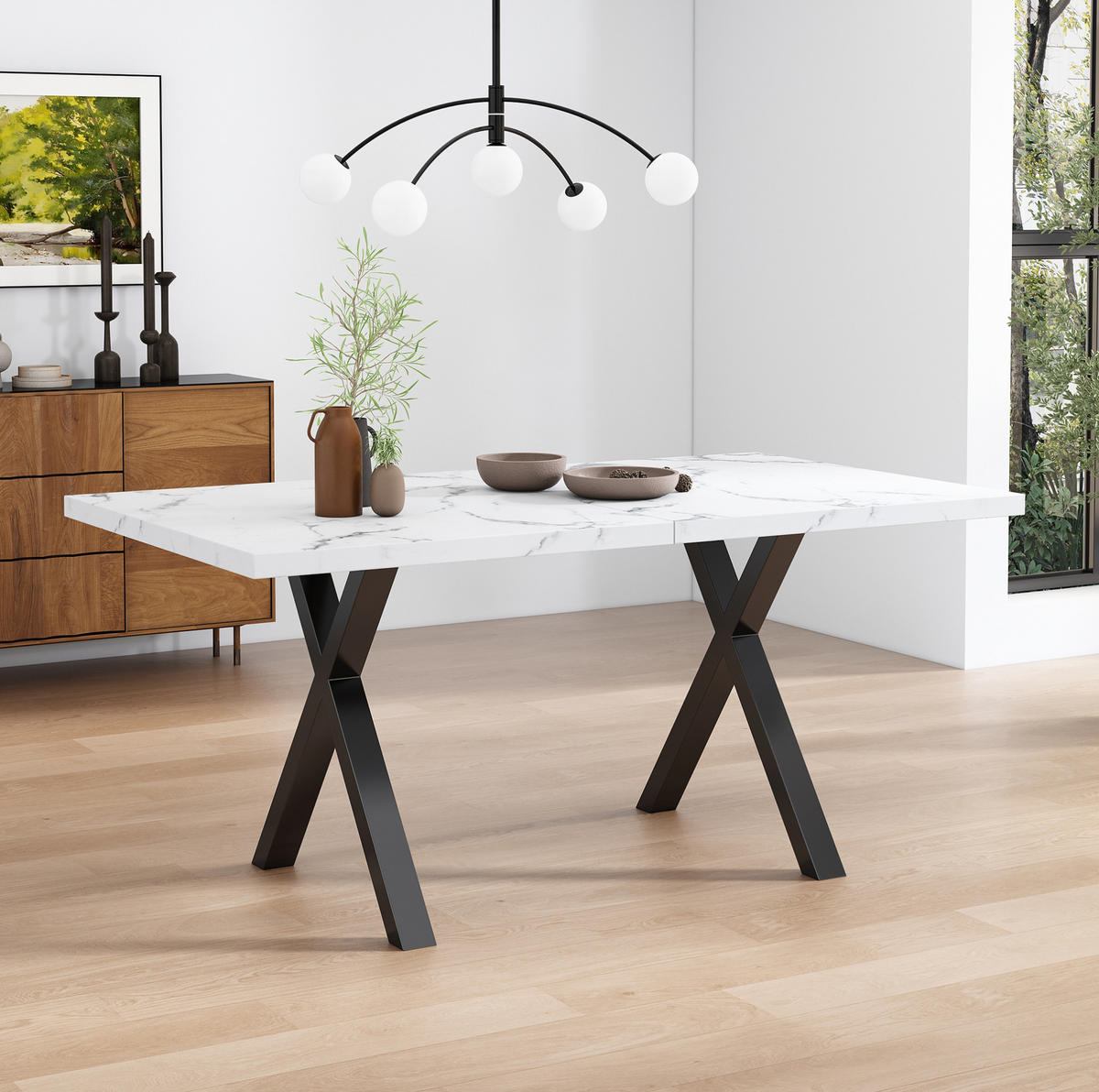 ESSTISCH 140/80/76 cm in Weiß Marmoroptik mit Kreuzgestell - Weiß, Holzwerkstoff (140/80/76cm) - Flora Grace