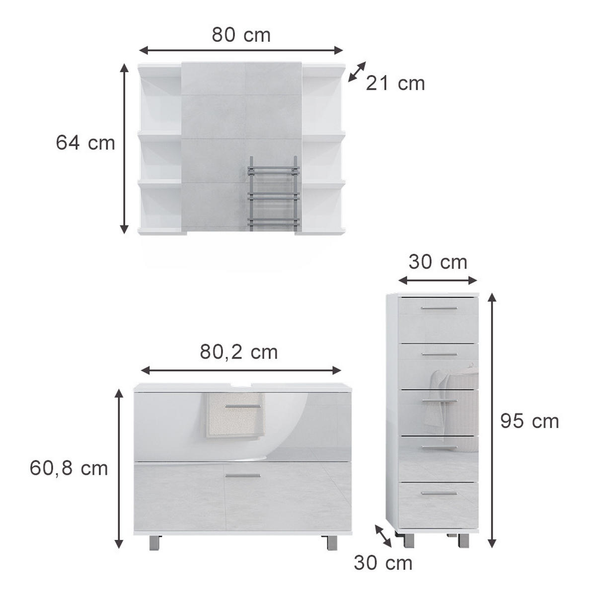 BADMÖBEL-SET Ilias Weiß Hochglanz 3 Teile, mit Unterschrank 80 cm - Weiß Hochglanz, Holzwerkstoff (80/60/33cm) - Vicco