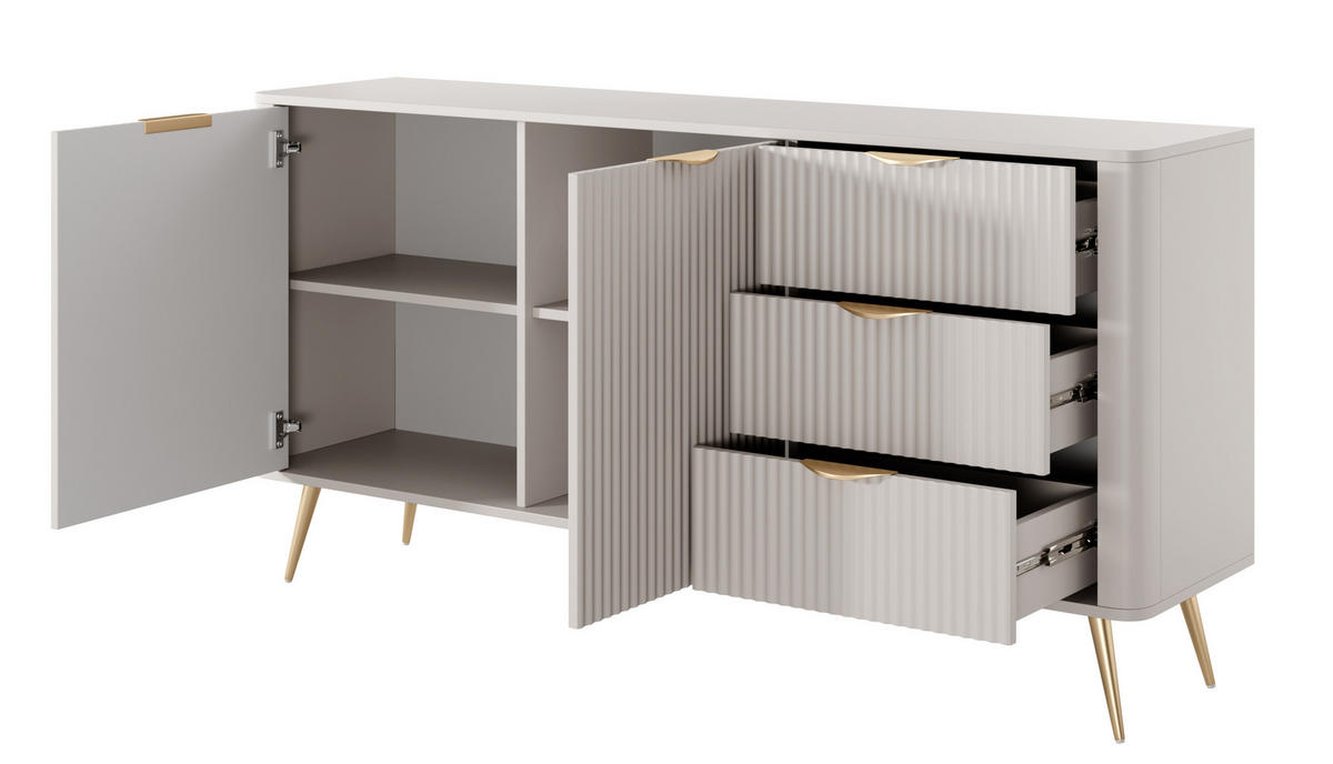 SIDEBOARD Vespasia 2T 3S Beige 163,2/81,2/38 cm – Geriffelten Fronten - Beige/Goldfarben, Holzwerkstoff/Metall (163.2/81.2/38cm) - AX Living