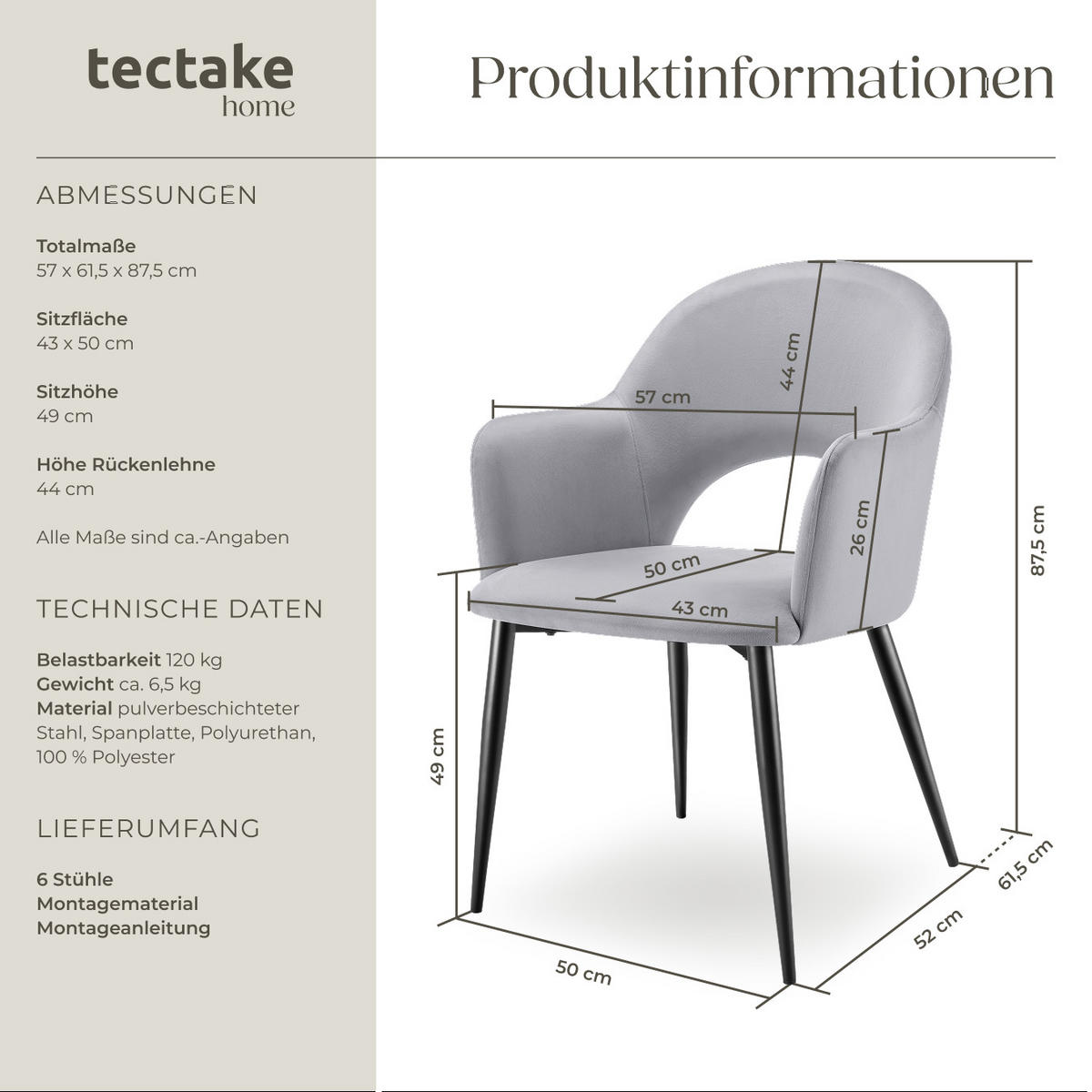 ARMLEHNSTUHL 6er Set Sachel 57 x 61 5 x 87 5 cm hellgrau - Hellgrau, Kunststoff (57/87.5/61.5cm) - tectake
