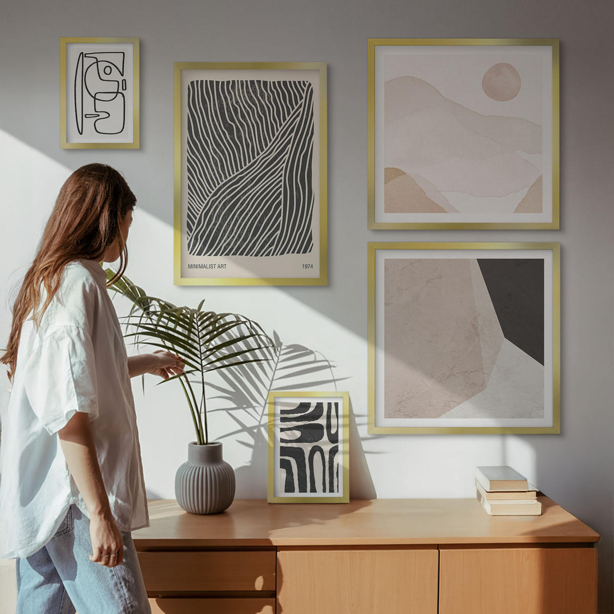 BILDER SET 5er Set - 50x50 cm & 20x30 cm & 40x60 cm Goldrahmen - Abstrakte Muster mit Linien - Goldfarben, Kunststoff (40/60cm) - TULUP