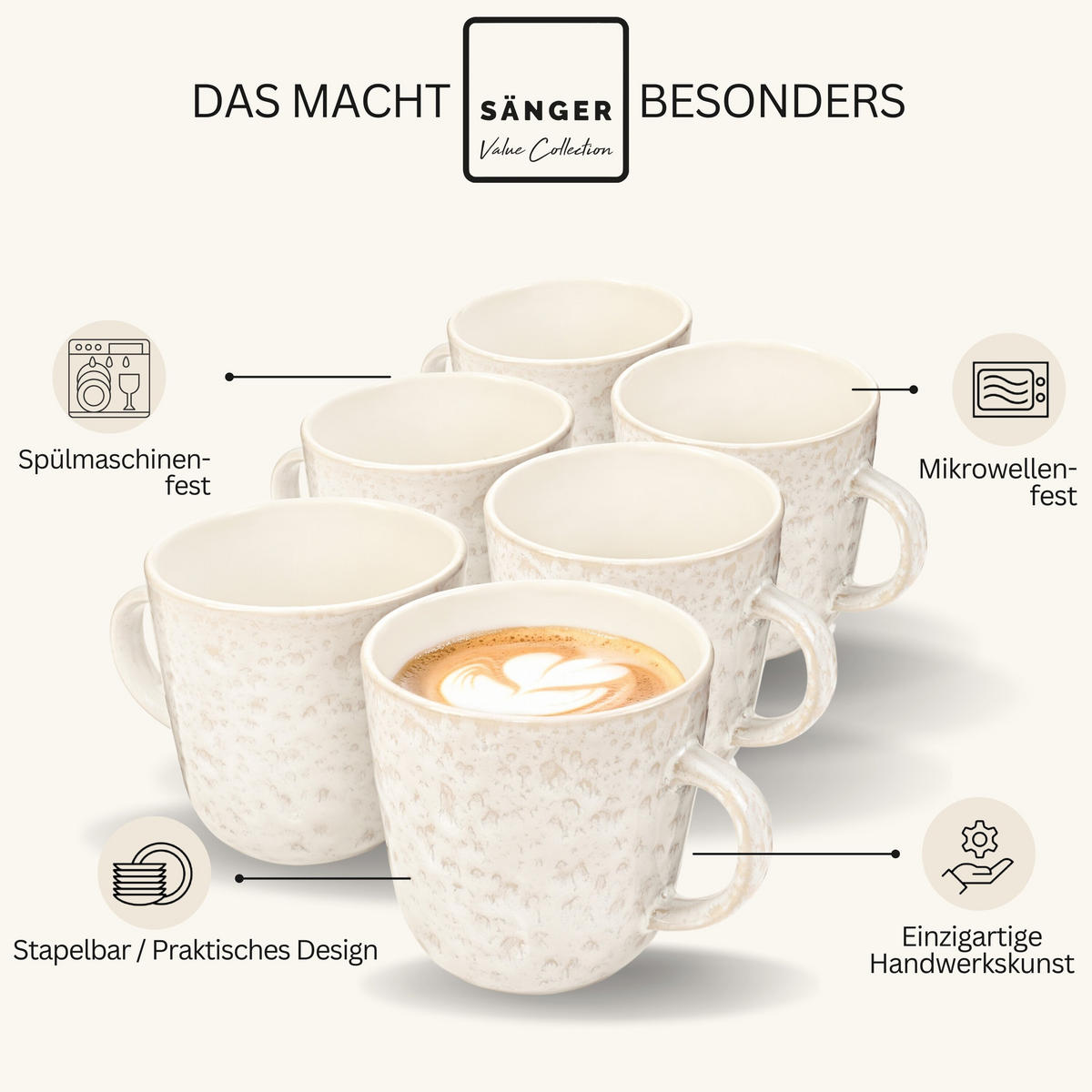 KAFFEEBECHER SET KEY WEST - 6 teilig aus Steingut - Creme, Stein (0.43L) - Sänger
