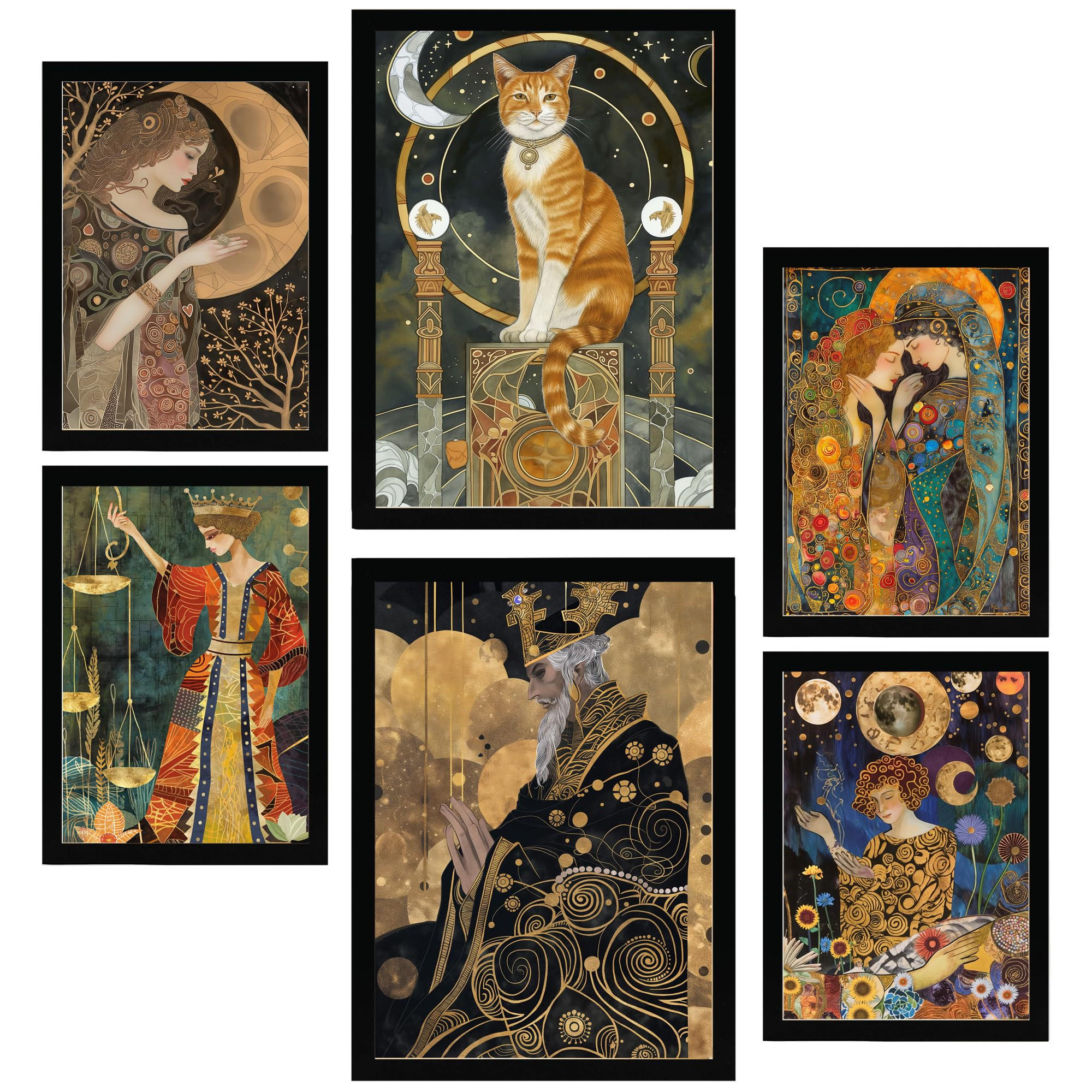 POSTER Set Mit 6 Tarotkarten Kartomantie Arcana A3 & A4 Schwarzer Rahmen - Schwarz, Papier (29/3cm) - Nacnic