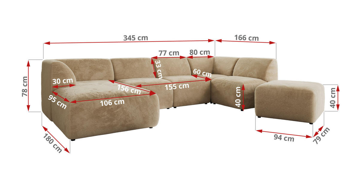 WOHNLANDSCHAFT MODARO U 6M - Beige Plüsch - Links - Beige/Schwarz, Textil (180/78/345cm) - MKS
