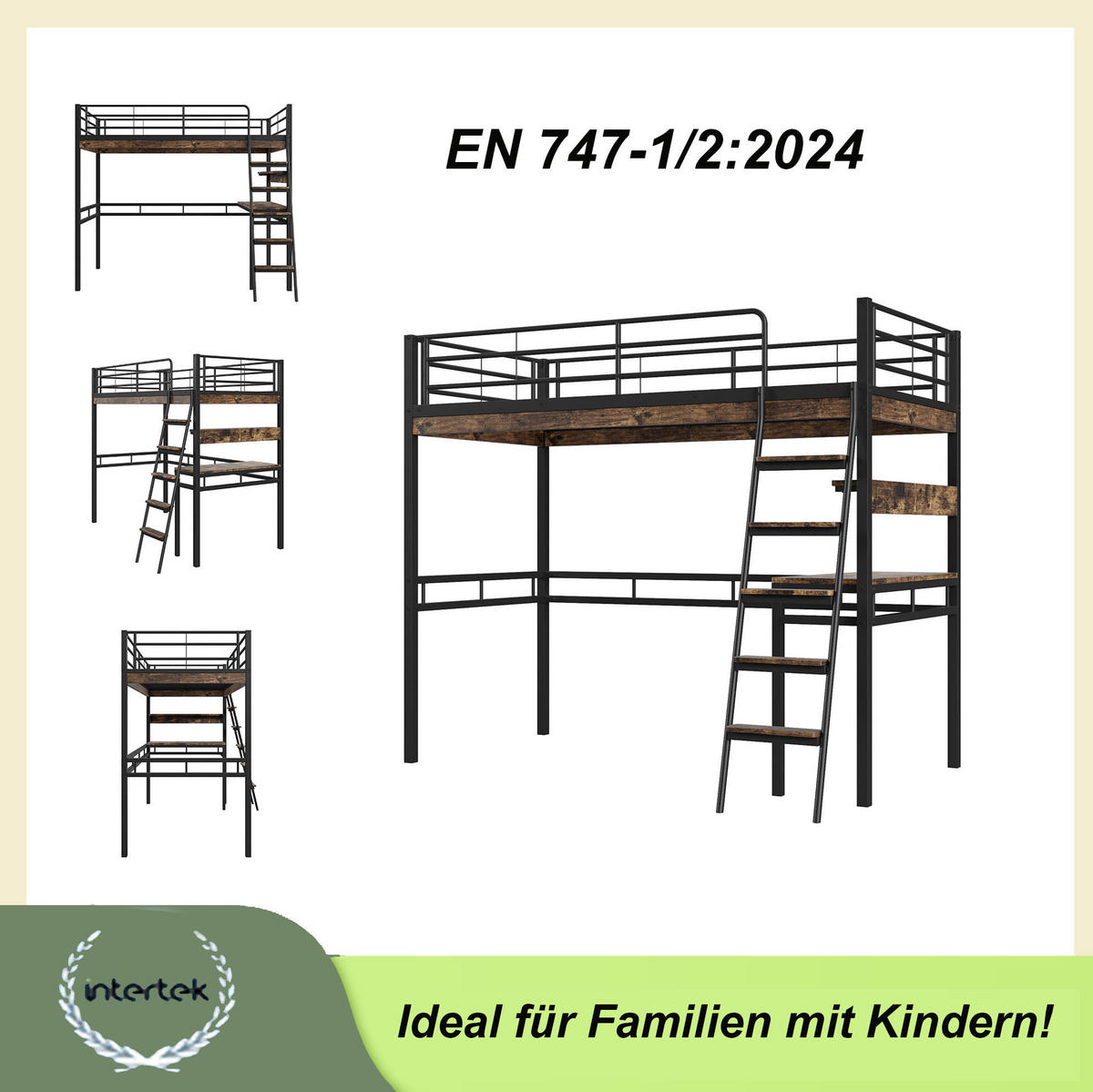 HOCHBETT 90/200 cm mit Schreibtisch, Regalen, Leiter und Geländer aus Metall, Schwarz - Schwarz, Metall (90/200cm) - Redom
