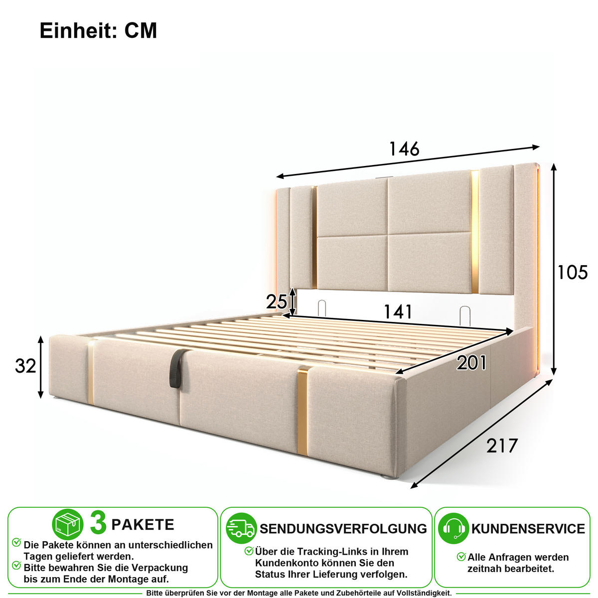 POLSTERBETT 140/200 cm in Beige Leinen mit Bettkasten, LED, USB und Matratze - Beige, Holzwerkstoff/Textil (140/200cm) - CHICFURN