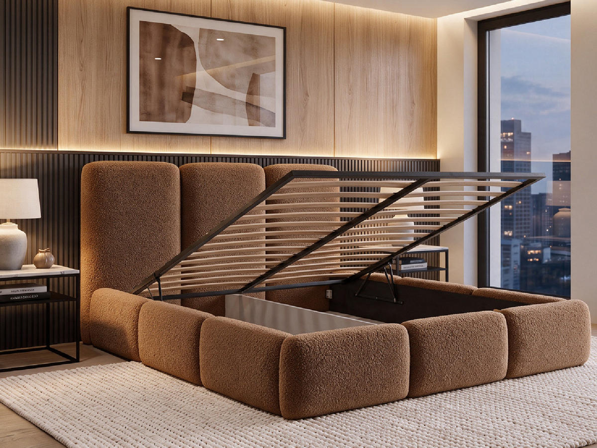 POLSTERBETT VARDO 180x200 cm mit Bettkasten, Stauraum und Metall-Lattenrost – Bouclé Stoff Braun - Schwarz/Braun, Textil/Metall (180/200cm) - Luxkor24
