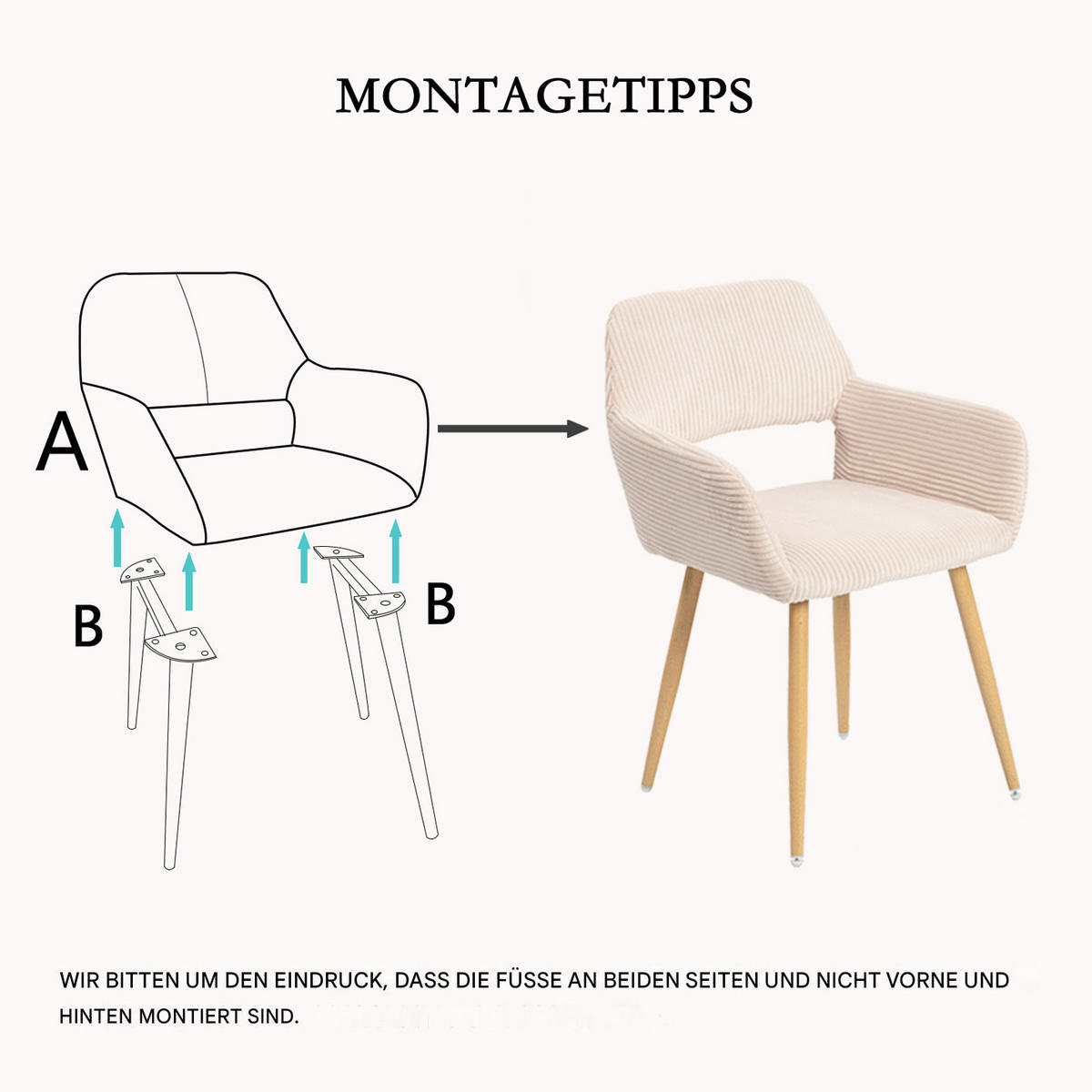 ARMLEHNSTUHL-SET 4 Stück in Eisen Cord - Beige, Metall (56/78/56cm) - Meubles Cosy