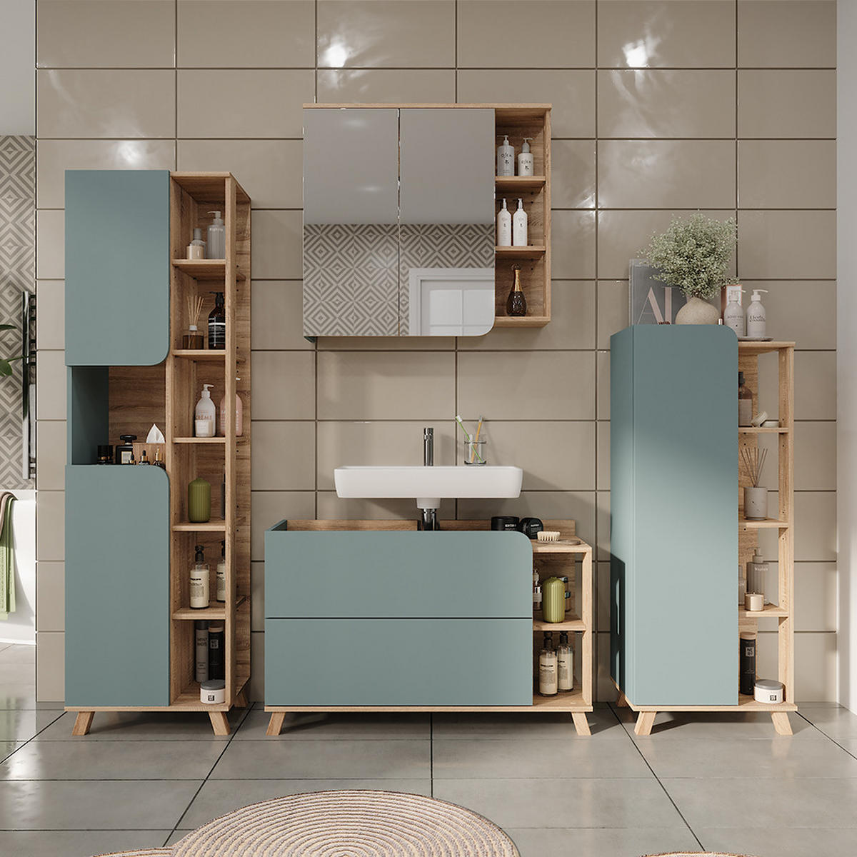 WASCHBECKENUNTERSCHRANK Karen Sonoma/Blau 100 x 65 cm mit 2 Schubladen - Blau, Holzwerkstoff (100/65/35cm) - Vicco